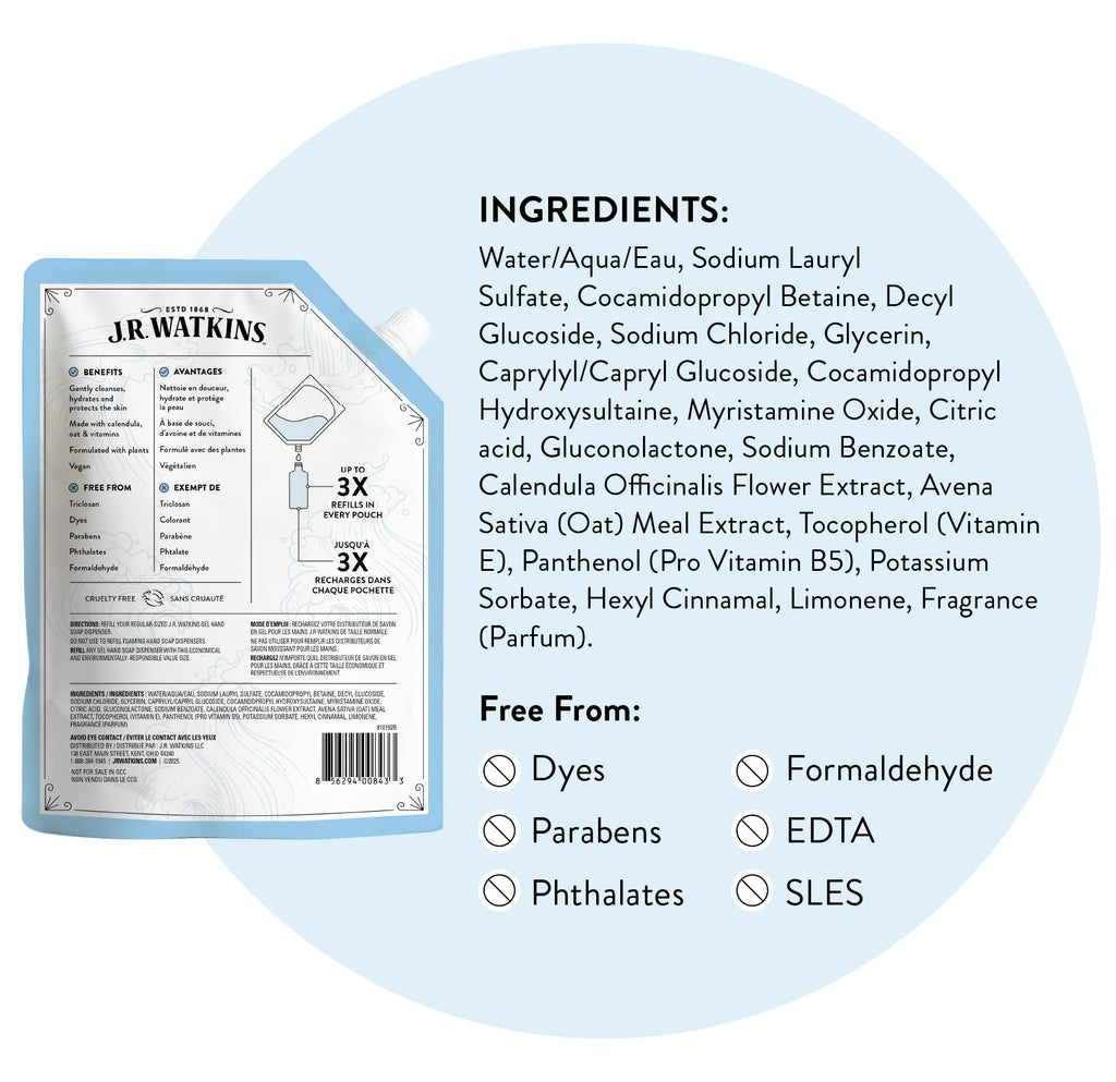 J.R. Watkins Gel Hand Soap Refill, Moisturizing Hand Wash, Formulated with Plant-Based Cleansers, Alcohol-Free, Cruelty-Free, Aloe & Green Tea, 34 Fl Oz, 2 Pack