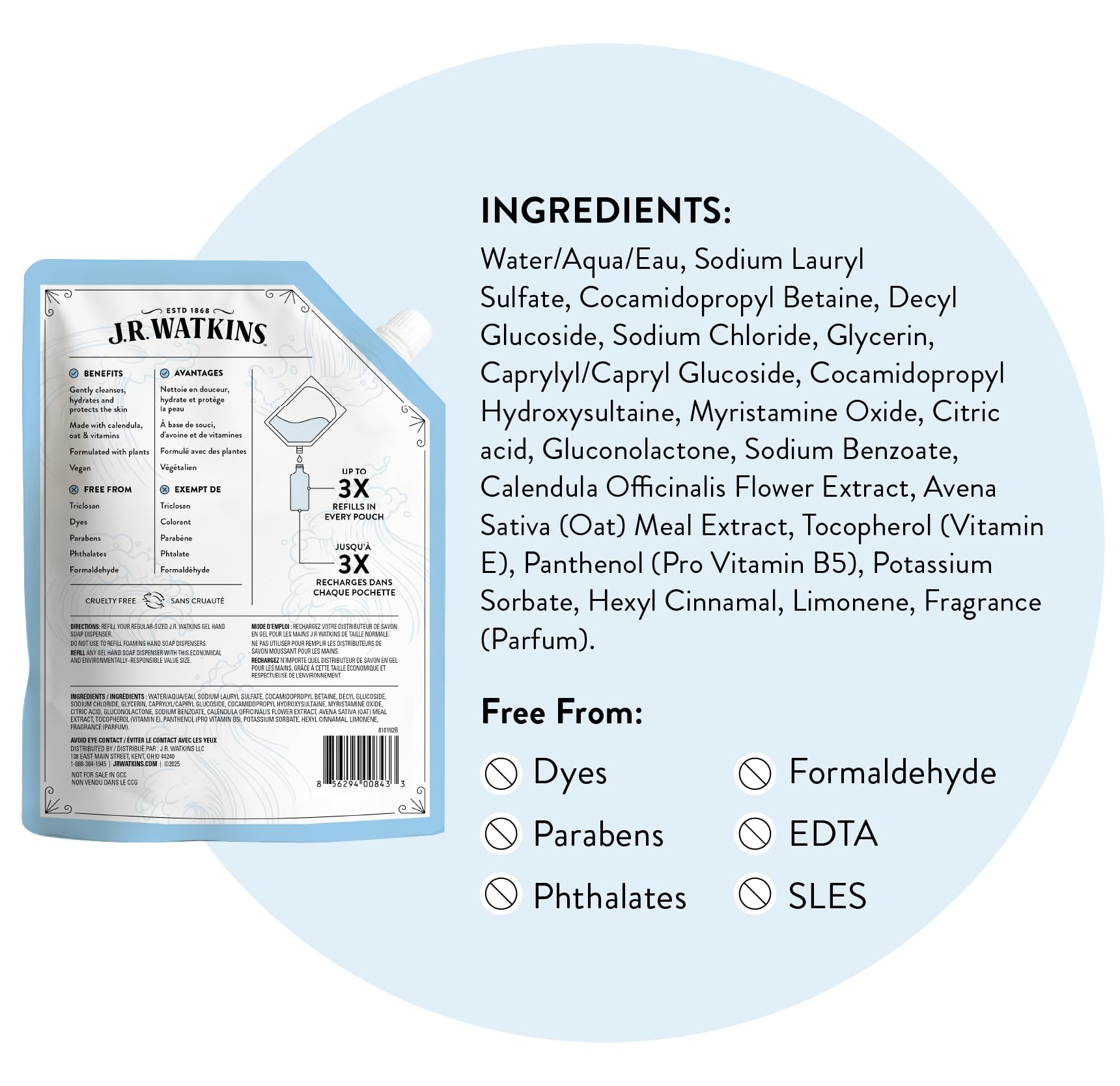 J.R. Watkins Gel Hand Soap Refill, Moisturizing Hand Wash, Formulated with Plant-Based Cleansers, Alcohol-Free, Cruelty-Free, Aloe & Green Tea, 34 Fl Oz, 2 Pack
