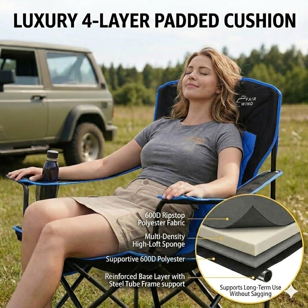 FAIR WIND Oversized Padded Camping Chair 2 Pack 350 LBS Capacity Fully Padded Lawn Quad Chair with Side Pocket & Cup Holder, Heavy Duty Lawn Chair for Outside, Tailgating, Beach, Sports
