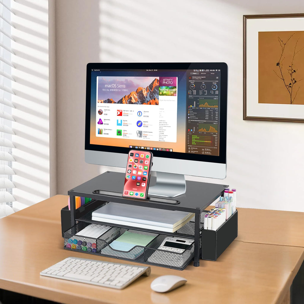 AUPSEN 2 Tier Computer Monitor Stands with Drawer and 2 Pencil Holder, Metal Monitor Stand Monitor riser, Computer Desk Organizer and Accessories for Laptop, Computer, Printer, Office Supplies(Black)