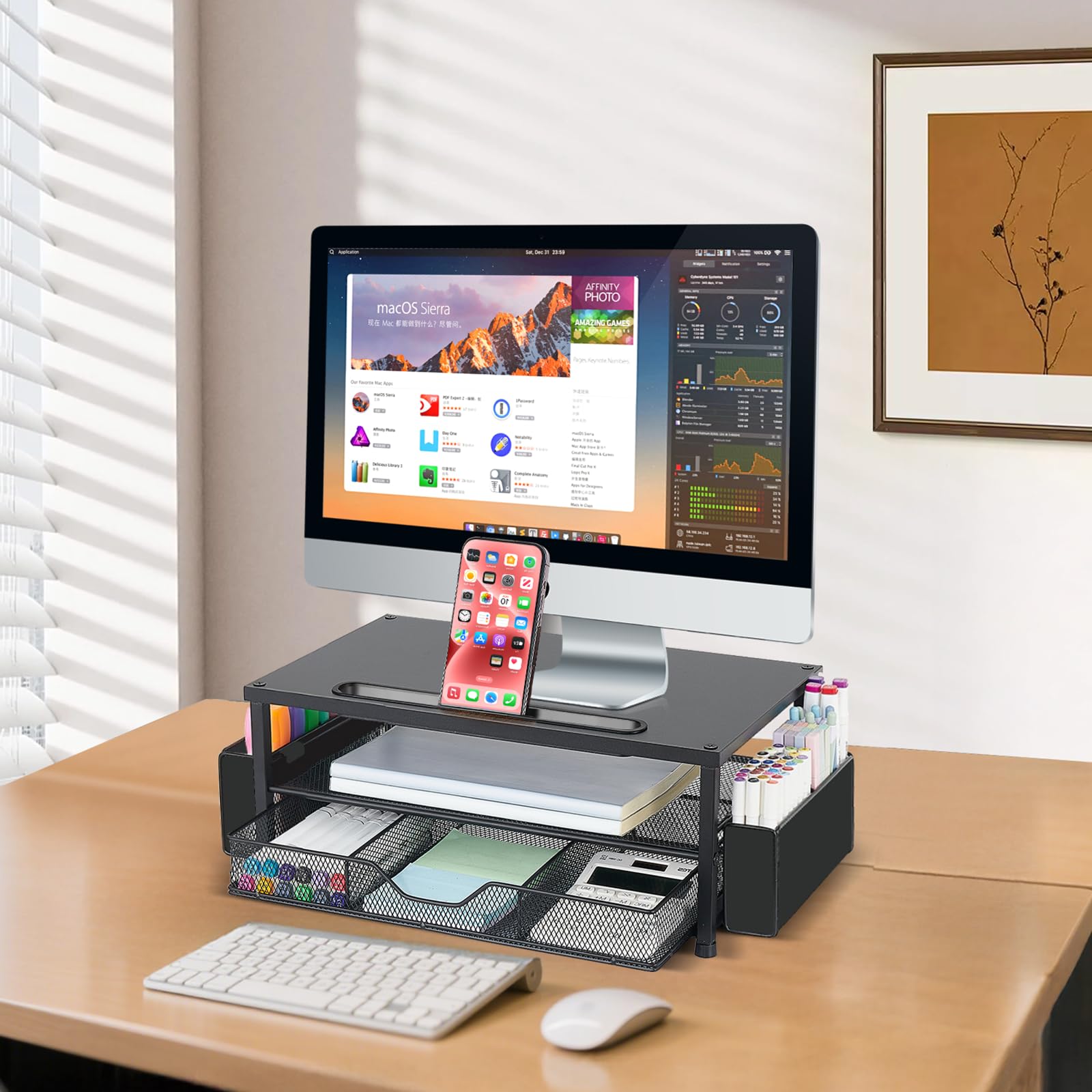AUPSEN 2 Tier Computer Monitor Stands with Drawer and 2 Pencil Holder, Metal Monitor Stand Monitor riser, Computer Desk Organizer and Accessories for Laptop, Computer, Printer, Office Supplies(Black)