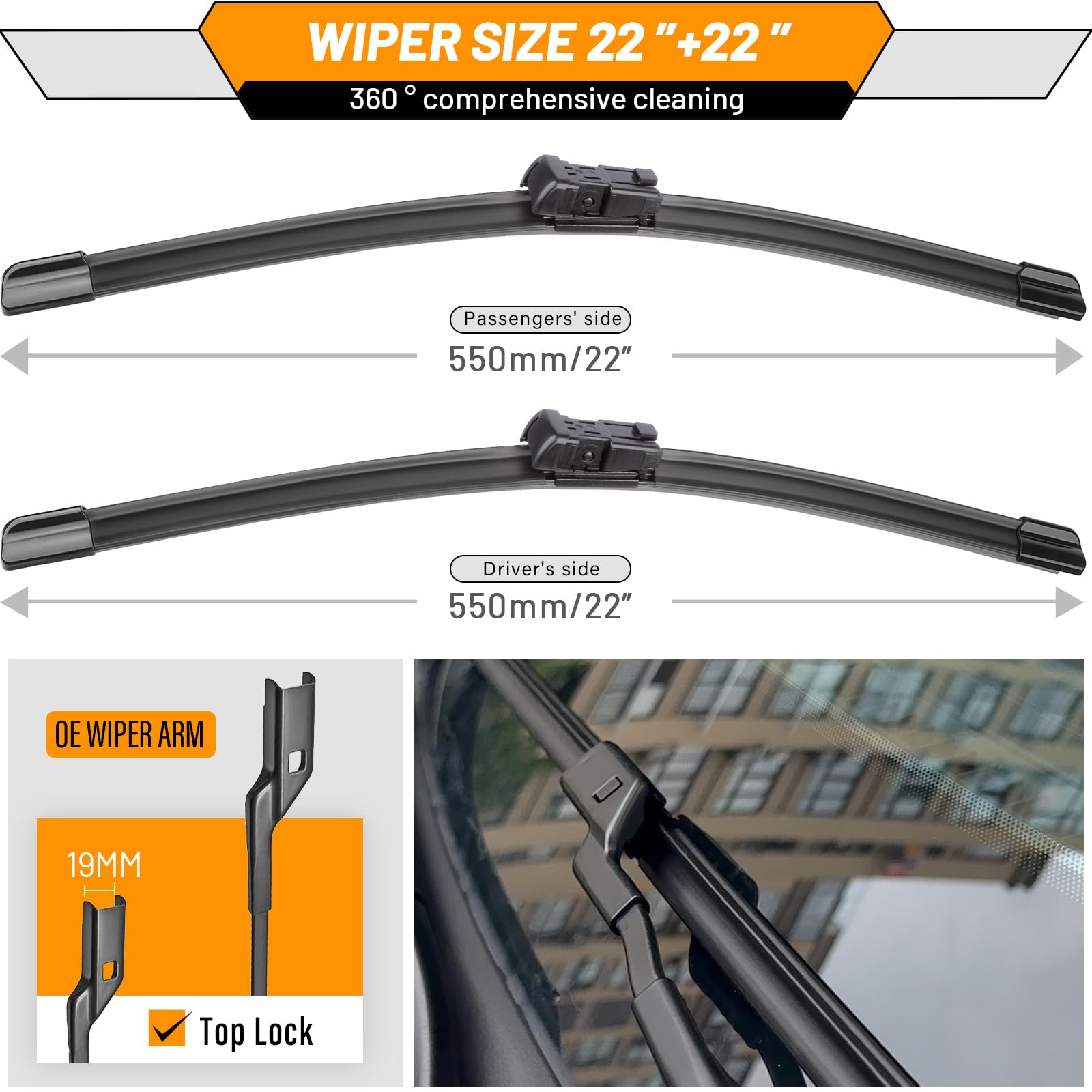 OEM Windshield Wiper Blades Replacement for Chevy Silverado Avalanche Tahoe Suburban 2007–2013, GMC Sierra Yukon 2008–2013, Cadillac Escalade ESV EXT 22" + 22", OE Style Beam Wipers Set of 2