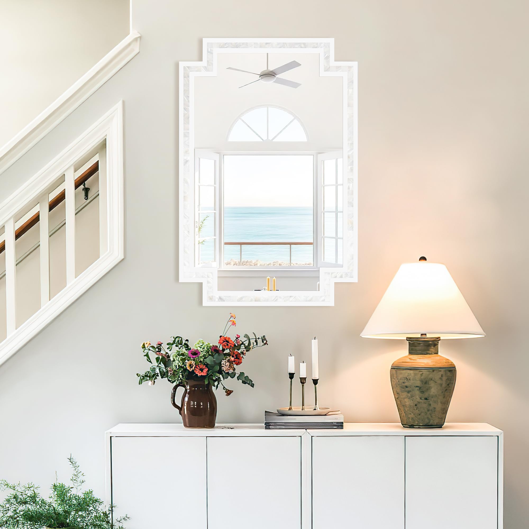 Tanmicoshomy Round Wall Mirror 24 Inch,Circle Mosaic Mirror with Natural Mother of Pearl and Wood Frame, Decorative Coastal Round Wall Mirror for Bathroom Bedroom Living Room Entryway