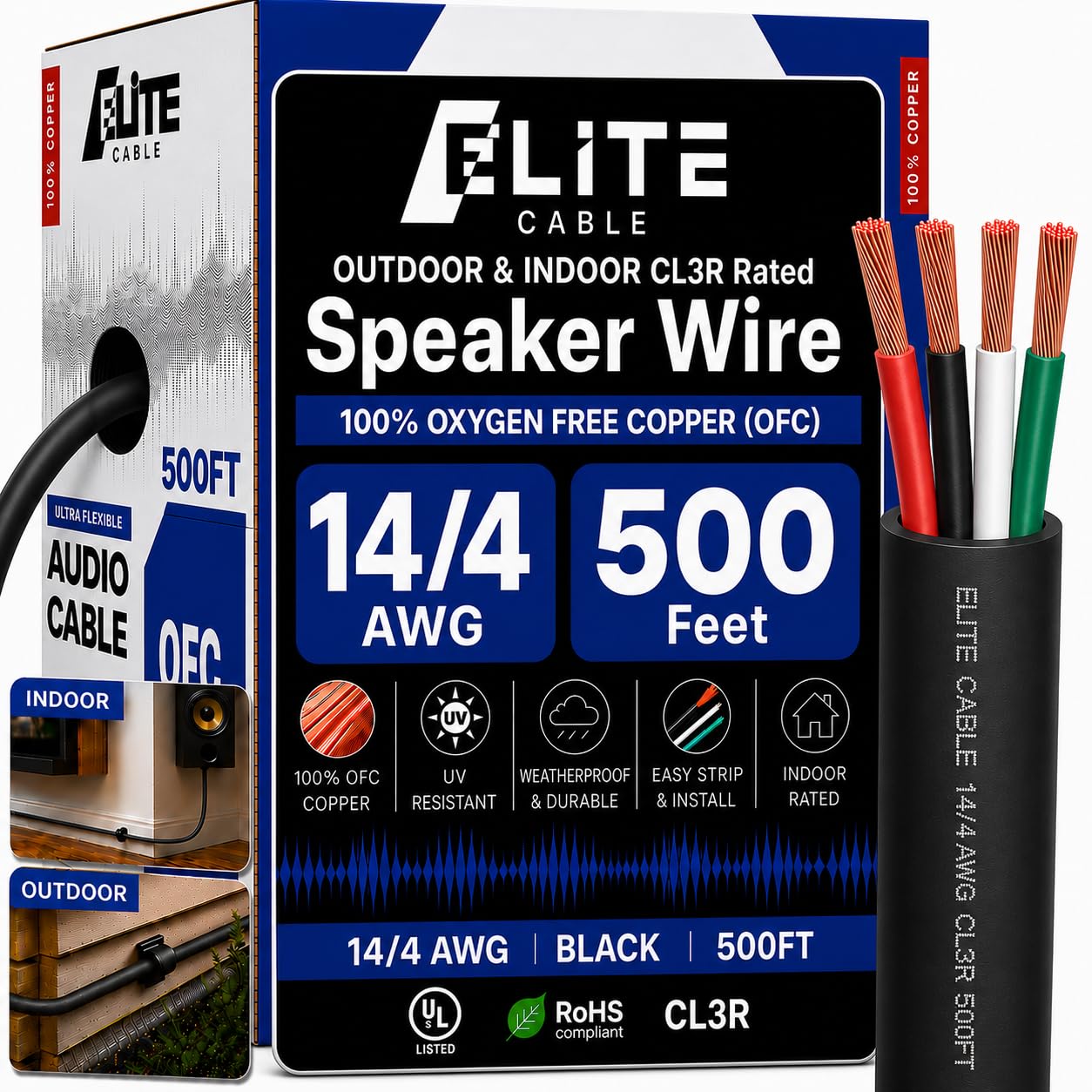 Elite 12/2 Speaker Wire 100ft, UL Listed, CMR/CL3R, (Riser/in-Wall & Outdoor/In-Ground (Direct Burial)- 100% Oxygen Free Pure Bare Copper (OFC), 12AWG/2-Conductor, 100ft Bulk Cable (65 Strands) Black