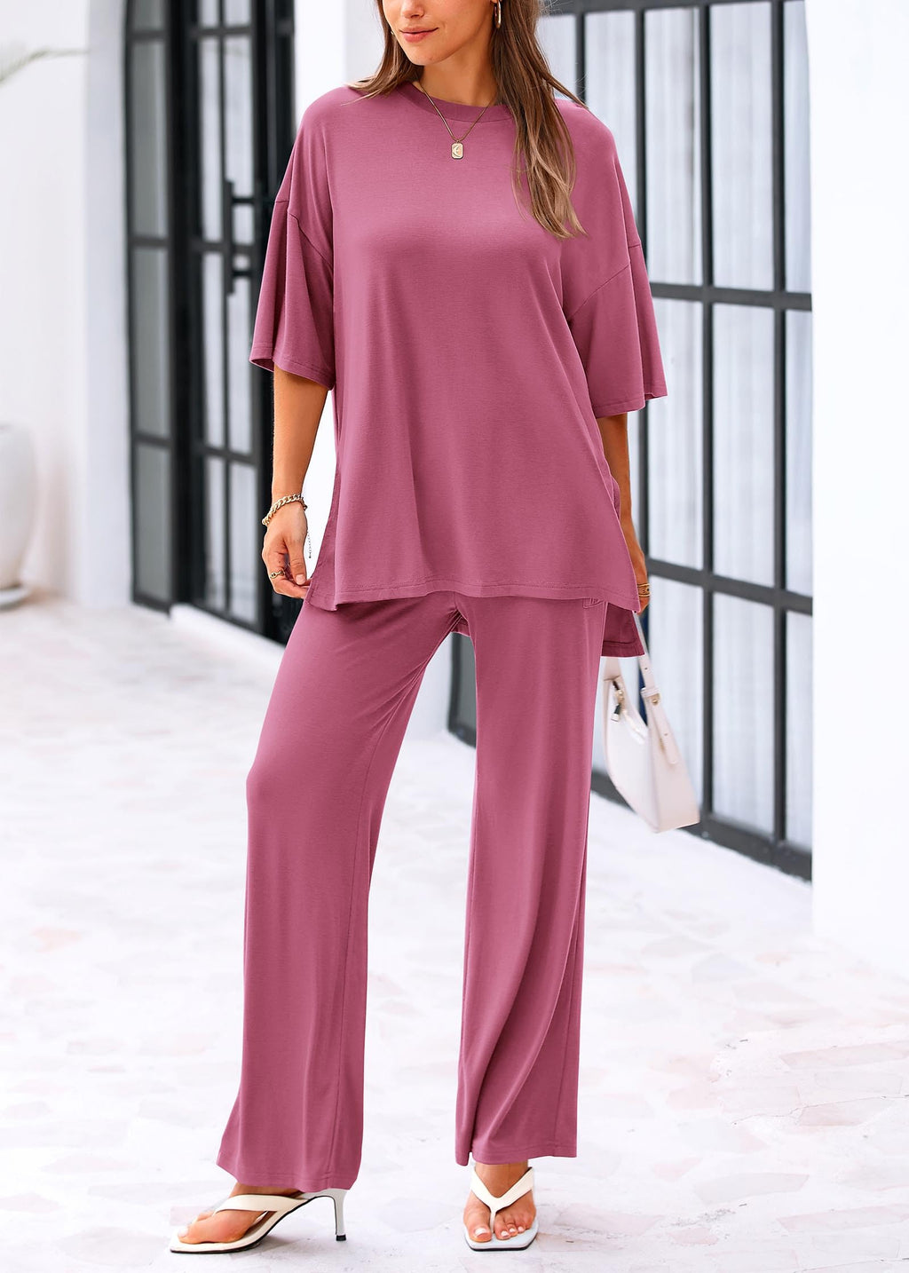 KIRUNDO 2 Piece Lounge Sets for Women Airport Travel Vacation Outfits Summer Casual Loose Short Sleeve Tops & Wide Leg Pants