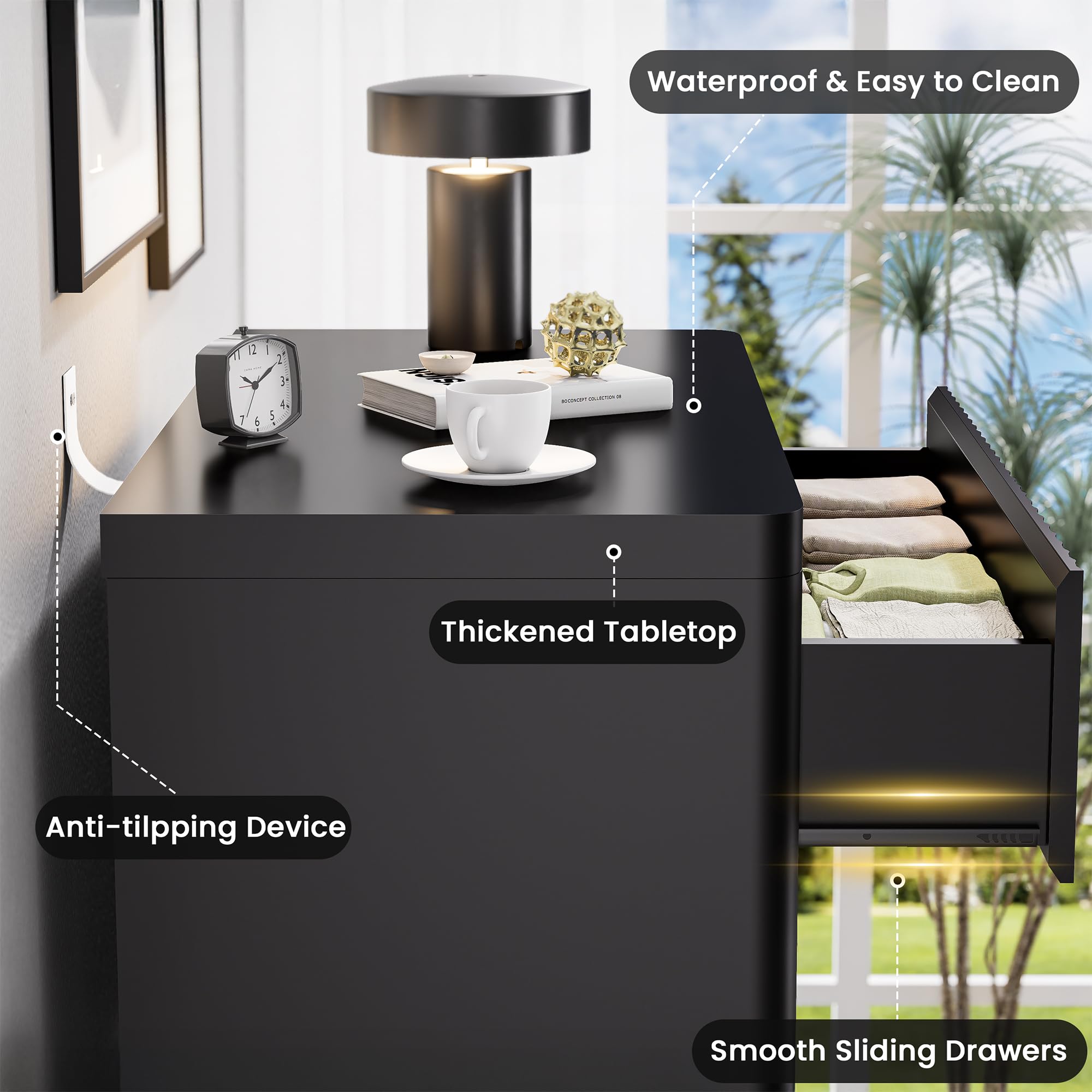 Standifurno Black 56" Tall Dresser for Bedroom, Fluted Modern 6 Drawers Deep Dressers, Wood Chest of Drawers with Handleless, Curved Profil Storage Closet Dressers for Bedroom, Living Room, Hallway