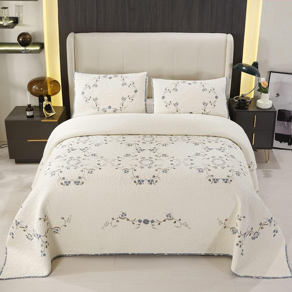 vctops 3-Piece Floral Embroidered Bedspread Coverlet Set Twin Size 100% Cotton Reversible Patchwork 1 Quilt and 2 Pillow Shams (Flower,Twin)