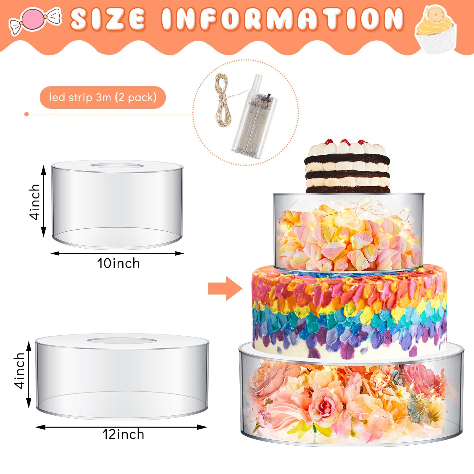 Sunnyray 2 Pcs Acrylic Cake Stands for Dessert Table Clear Fillable Cake Riser Cupcake Tier with LED Strings for Birthday Wedding Holiday Party Display(6'', 8'')