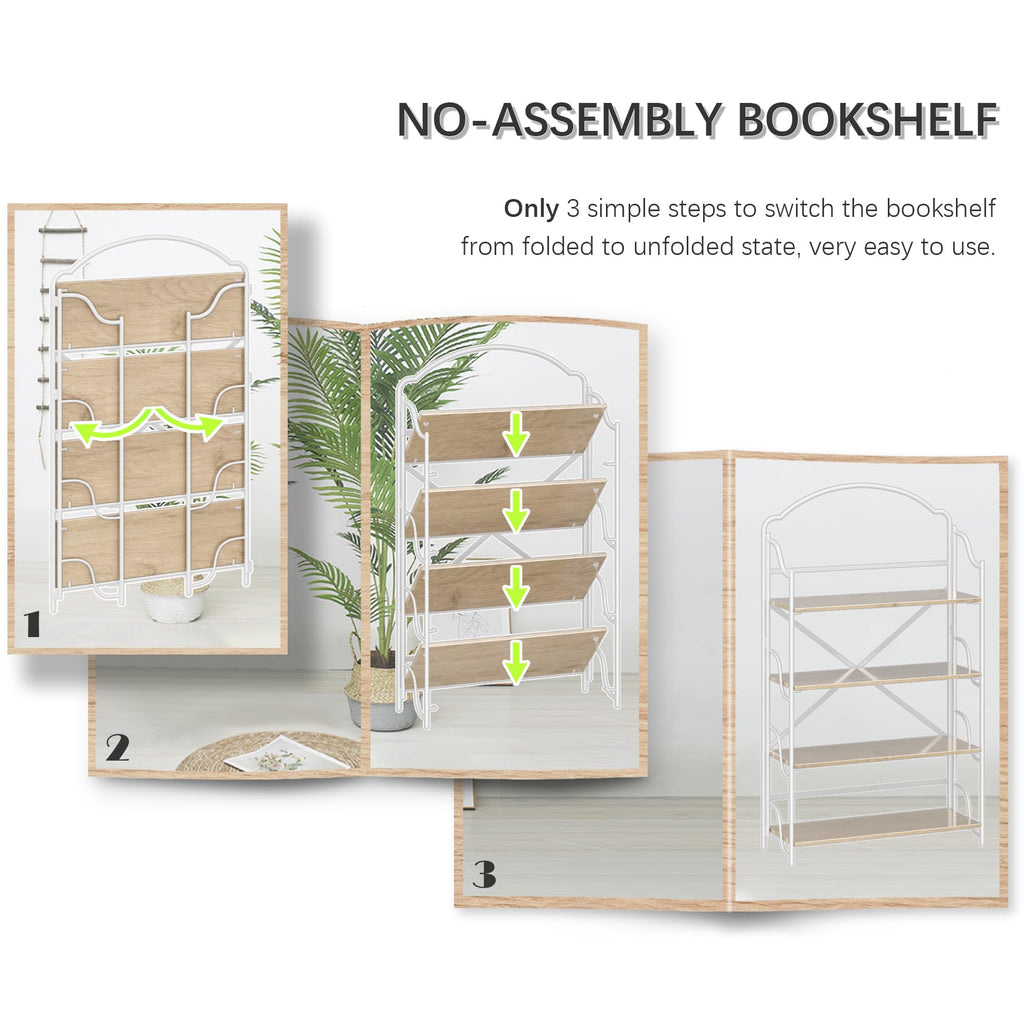 4NM No Assembly Folding Bookshelf, 3 Tiers Collapsible Book Shelves Open Industrial Foldable Storage Bookcase Shelf for Bedroom, Living Room, Home Office - Natural and White