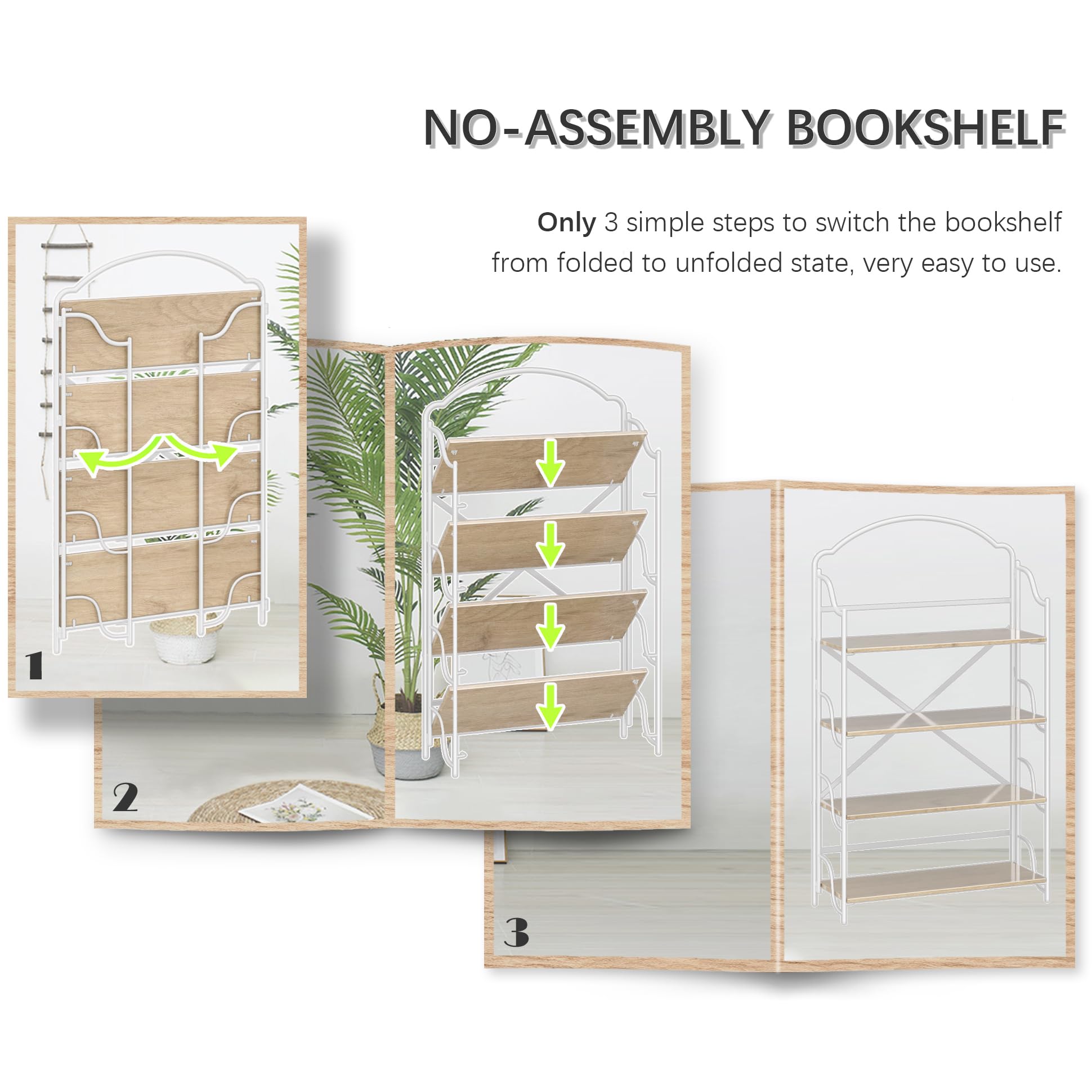 4NM No Assembly Folding Bookshelf, 3 Tiers Collapsible Book Shelves Open Industrial Foldable Storage Bookcase Shelf for Bedroom, Living Room, Home Office - Natural and White
