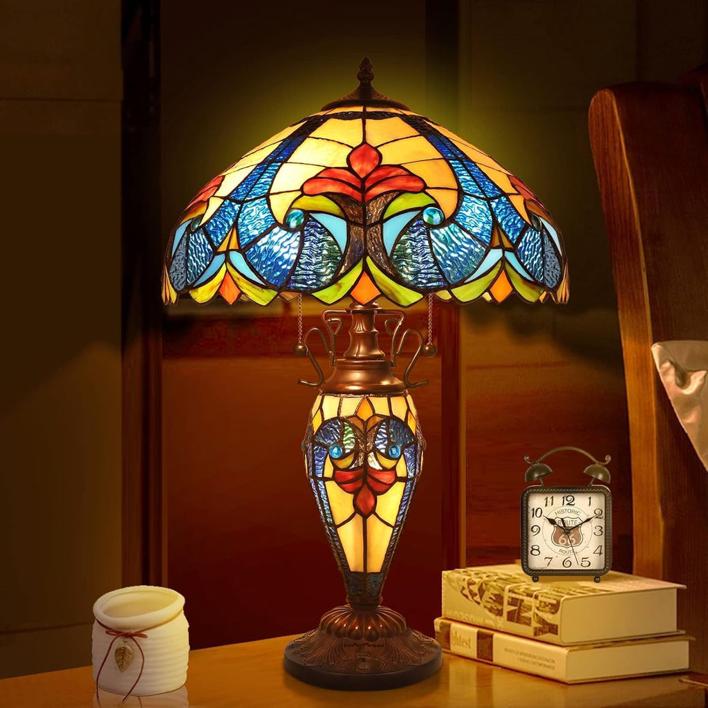 Pterying Tiffany Lamp, 24'' Tall Tiffany Table Lamp with Retro Pull Switch, 3 LED Bulbs Included, Vintage Living Room Bedroom Home Office Bedside Reading Lamp