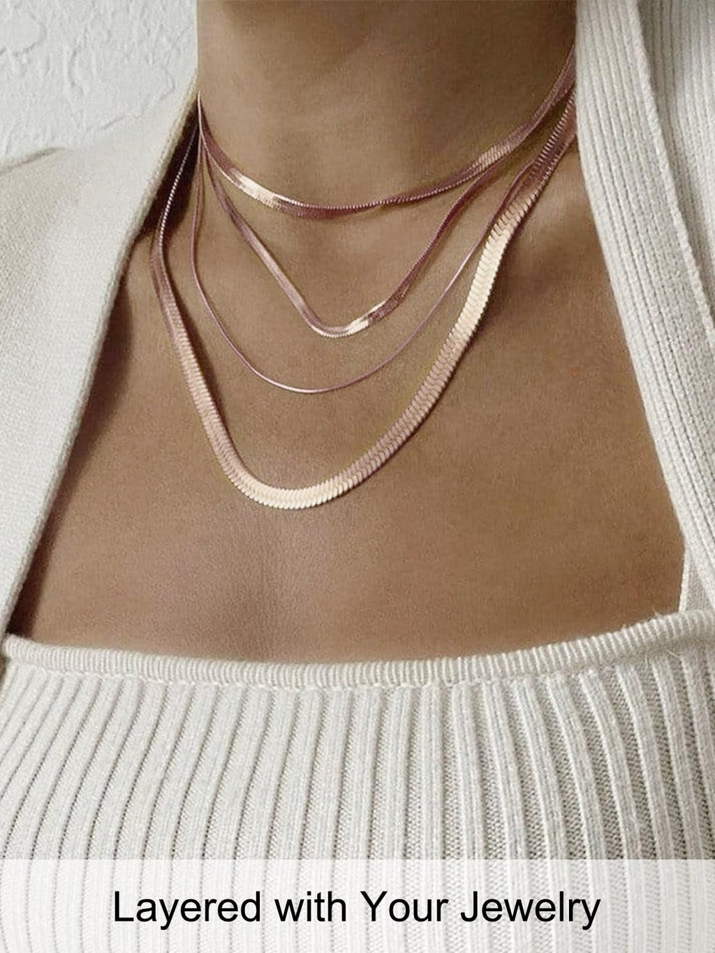 FOCALOOK 14K Gold Plated Necklaces for Women, Fashion Herringbone Choker Necklace Stainless Steel Flat Snake Chain 3/5MM(W) 12.5"/15"/18"+3.5"(L)