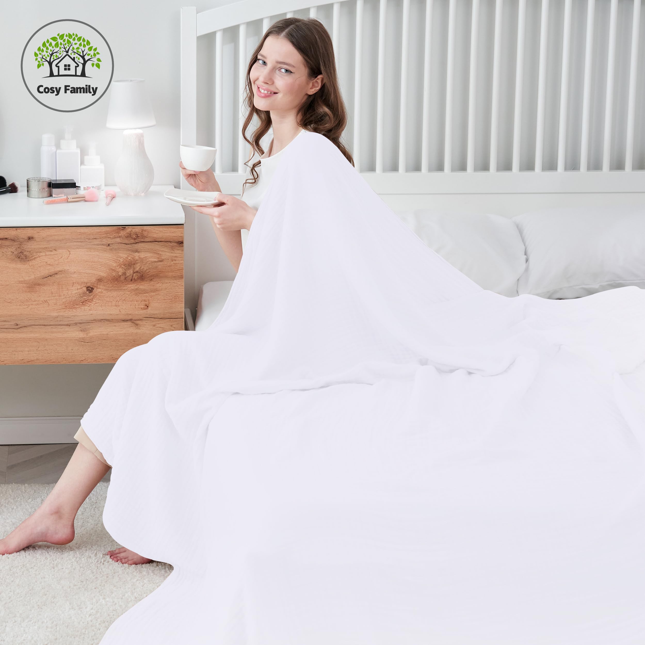 Cosy Family 4 Layer Muslin Bed Blanket - Breathable and Lightweight Gauze Boho Blanket for Spring, Soft 100% Cotton Muslin Blanket, Brown, 55x80 Inches