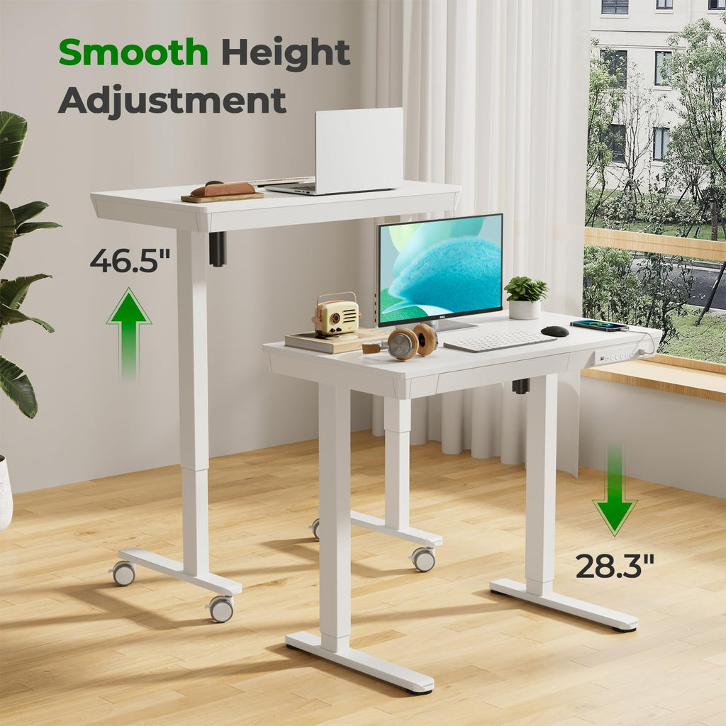 Glass Electric Standing Desk with Drawer, 35" x 20" Whole Piece Tabletop Samll Sit Stand Table, Height Adjustable Workstation with Storage & USB Ports, Quick Install Home Office Desk