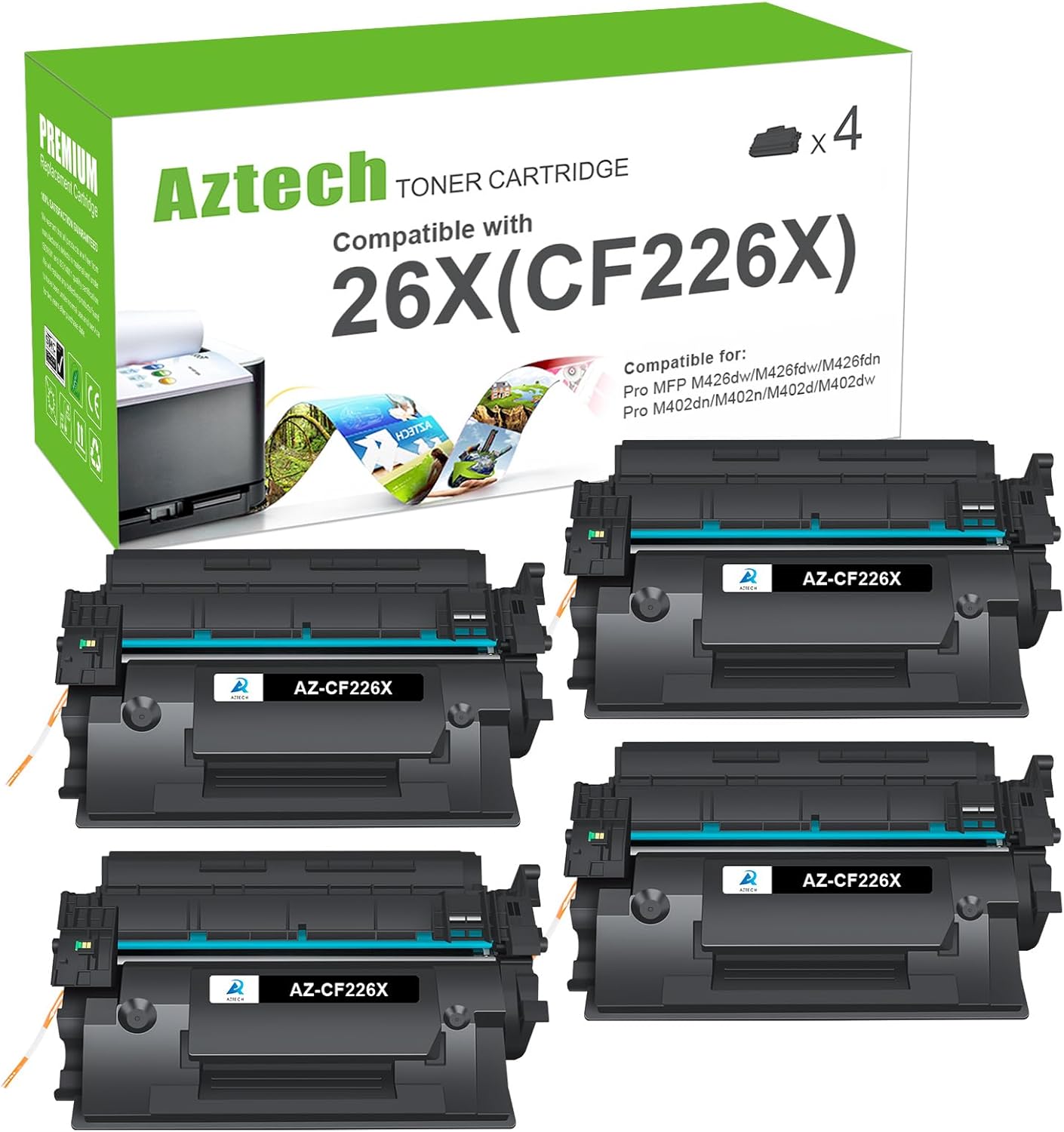 Aztech 26X CF226X Toner Cartridge Compatible Replacement for HP 26X CF226X 26A CF226A for HP LaserJet Pro M402n M402dw M402dn Pro MFP M426fdw M426fdn M426dw Printer (Black 4-Pack)