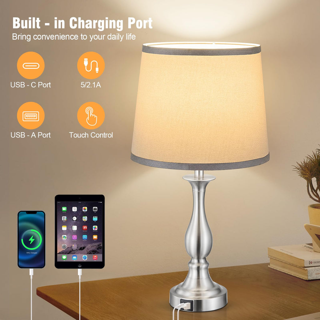 Bedside Table Lamp Touch Control Bedroom Lamps with USB A and C Charging Port 3 Way Dimmable Touch Lamps for Nightstand Living Room Bedroom Dorm Home Office Reading, Set of 2