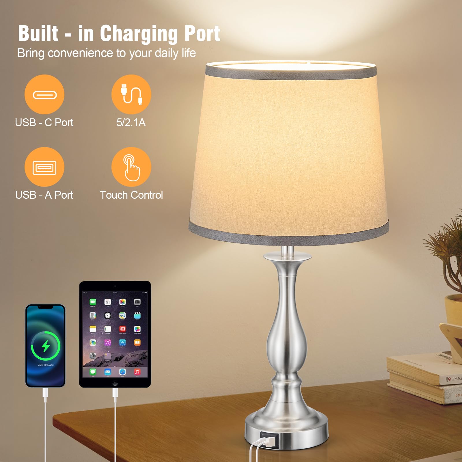 Bedside Table Lamp Touch Control Bedroom Lamps with USB A and C Charging Port 3 Way Dimmable Touch Lamps for Nightstand Living Room Bedroom Dorm Home Office Reading, Set of 2