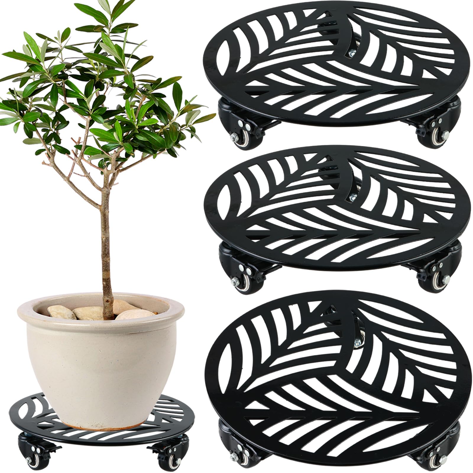 1 Pack 12 inches Large Metal Plant Caddy with 3 PU Metal Wheels Rolling Plant Stand with Casters Indoor Outdoor Wheeled Planter Roller Base Pot Movers Plant Dolly Coaster Trolley Black
