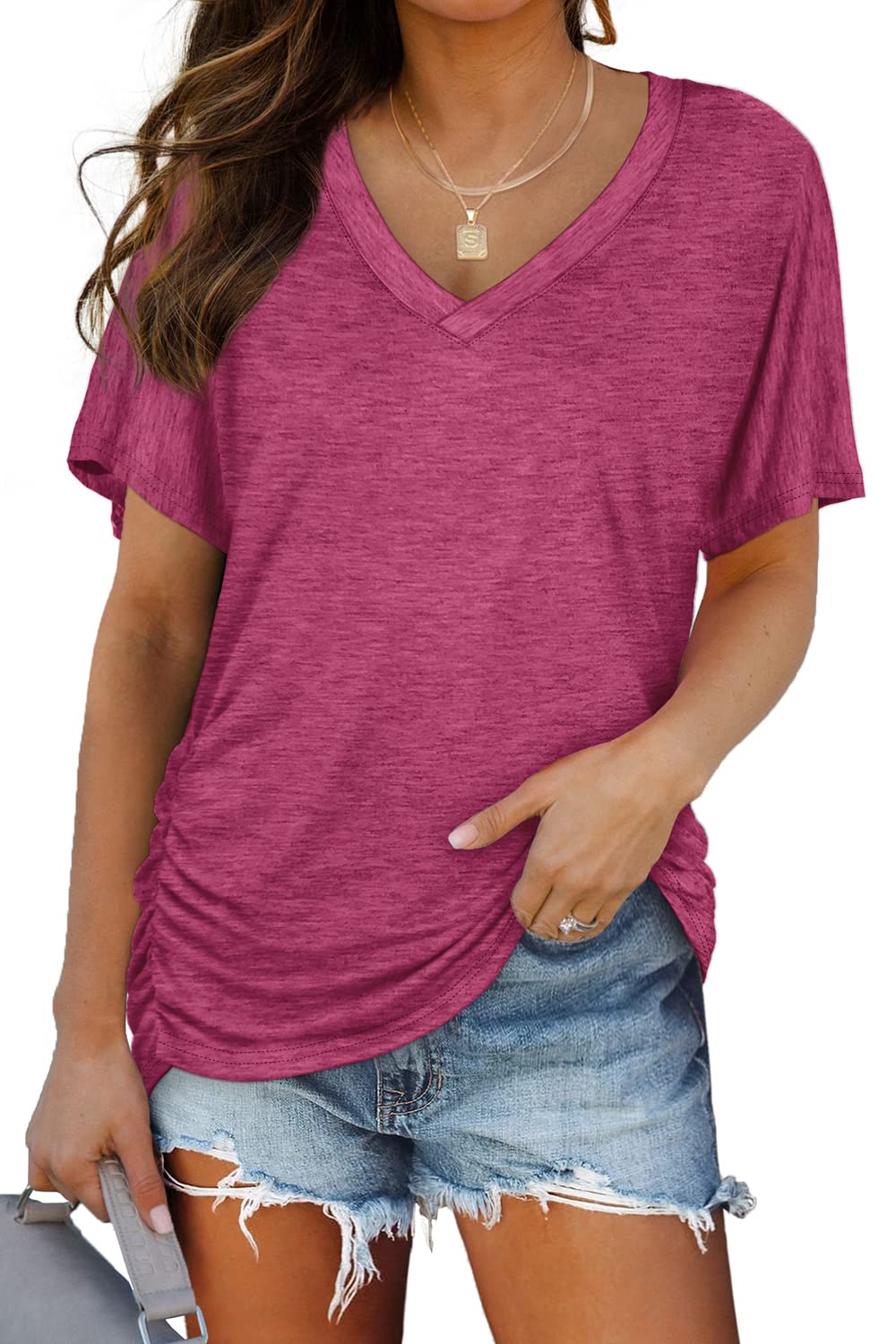 WIHOLL Womens Summer T-Shirts Short Sleeve V Neck Dolman Tops with Side Shirring Loose Fit Shirts Spring Fashion