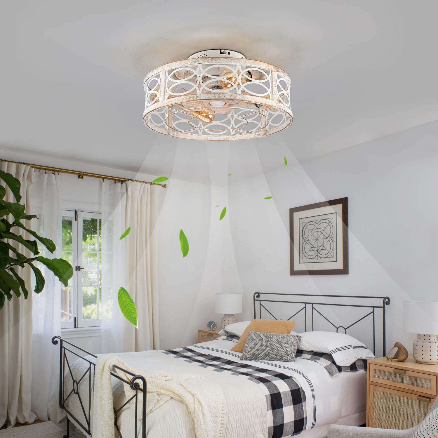 20" Boho Rattan Caged Ceiling Fan with Light,Low Profile Flush Mount Bladeless Ceiling Fan with Remote Control, 6 Speeds Reversible Silent Motor, Farmhouse Fabric Fandalier for Bedroom,Living Room