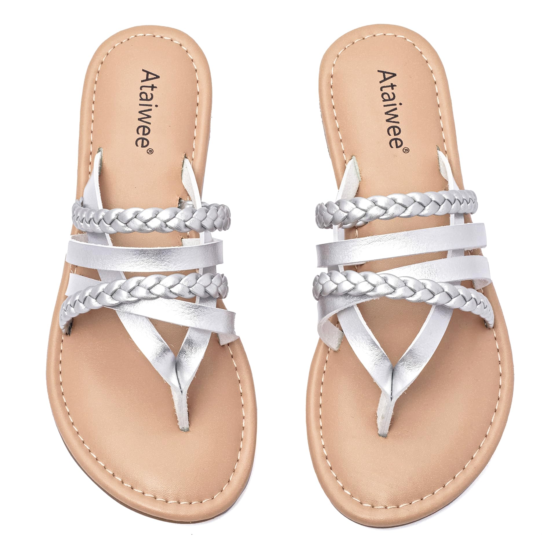 Ataiwee Women's Casual Flat Slide Sandals - Dressy Comfortable Criss Cross Strappy Summer Sandals,Open Toe Multi Strap Beach Flat Thong Sandals.