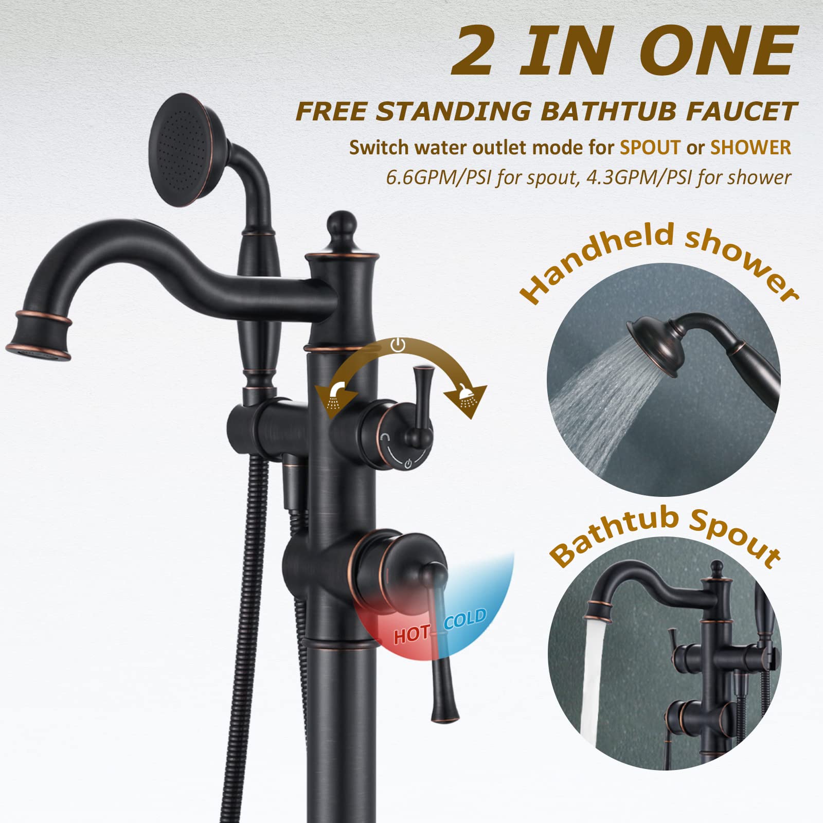 Freestanding Floor Mount Tub Filler with Handheld Shower Roman Bathtub Faucet by Brushed Gold Finish, Swivel Spout with Brass Rough-in and Water Hose