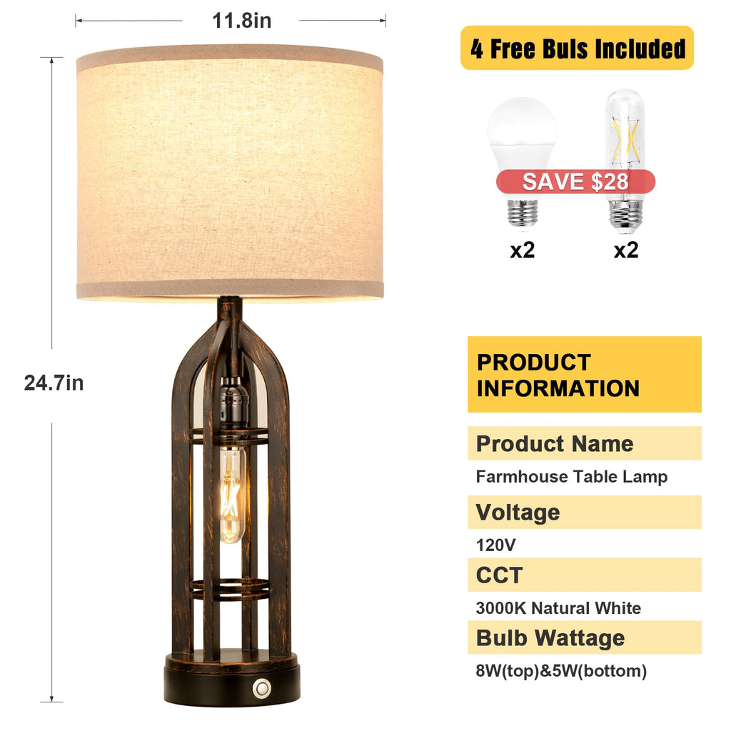 Seealle Table Lamp for Living Room Set of 2 - Wood-Like Bedside Lamp for Bedroom with USB C+A & Outlet, Farmhouse Lamps for Night Stands, 3-Way Dimmable Touch Lamps for Living Room