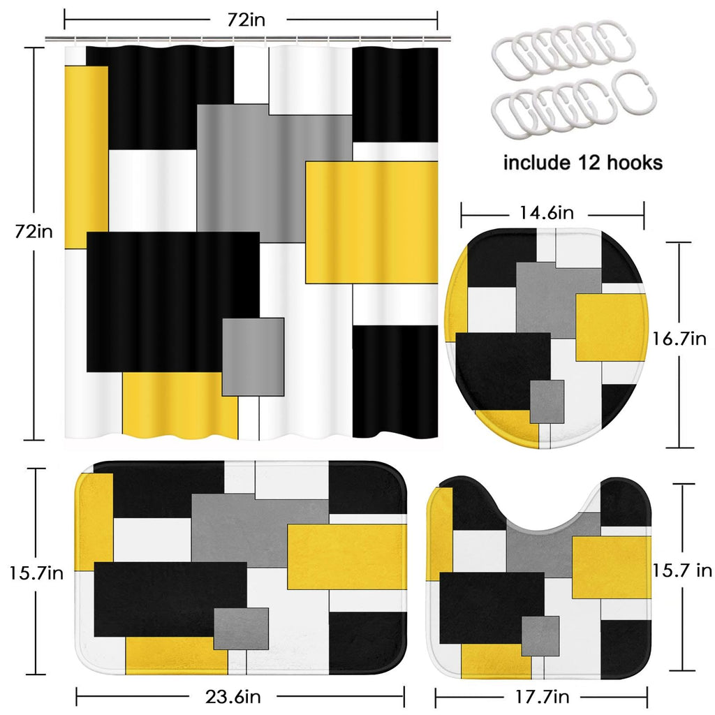 Beige Geometric Shower Curtain Set with Toilet Lid Cover and Non-Slip Rugs for Bathroom, Black Grey White Checkered 4 Pcs Shower Curtain, Modern Abstract Bathroom Set with 12 Hooks
