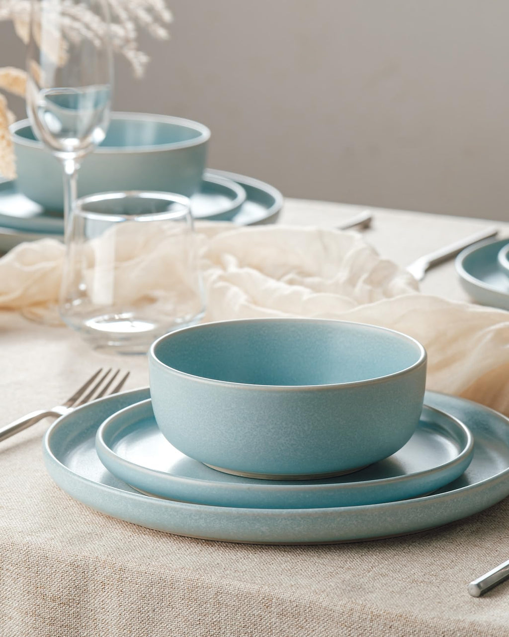 Famiware Pluto Stoneware Dinnerware Sets, 12-Piece Double Reactive Glaze Plates and Bowls Sets, Dishware Sets for Everyday & Formal Dining, Irregular Edge Dishes, Service for 4, Matte Beige White