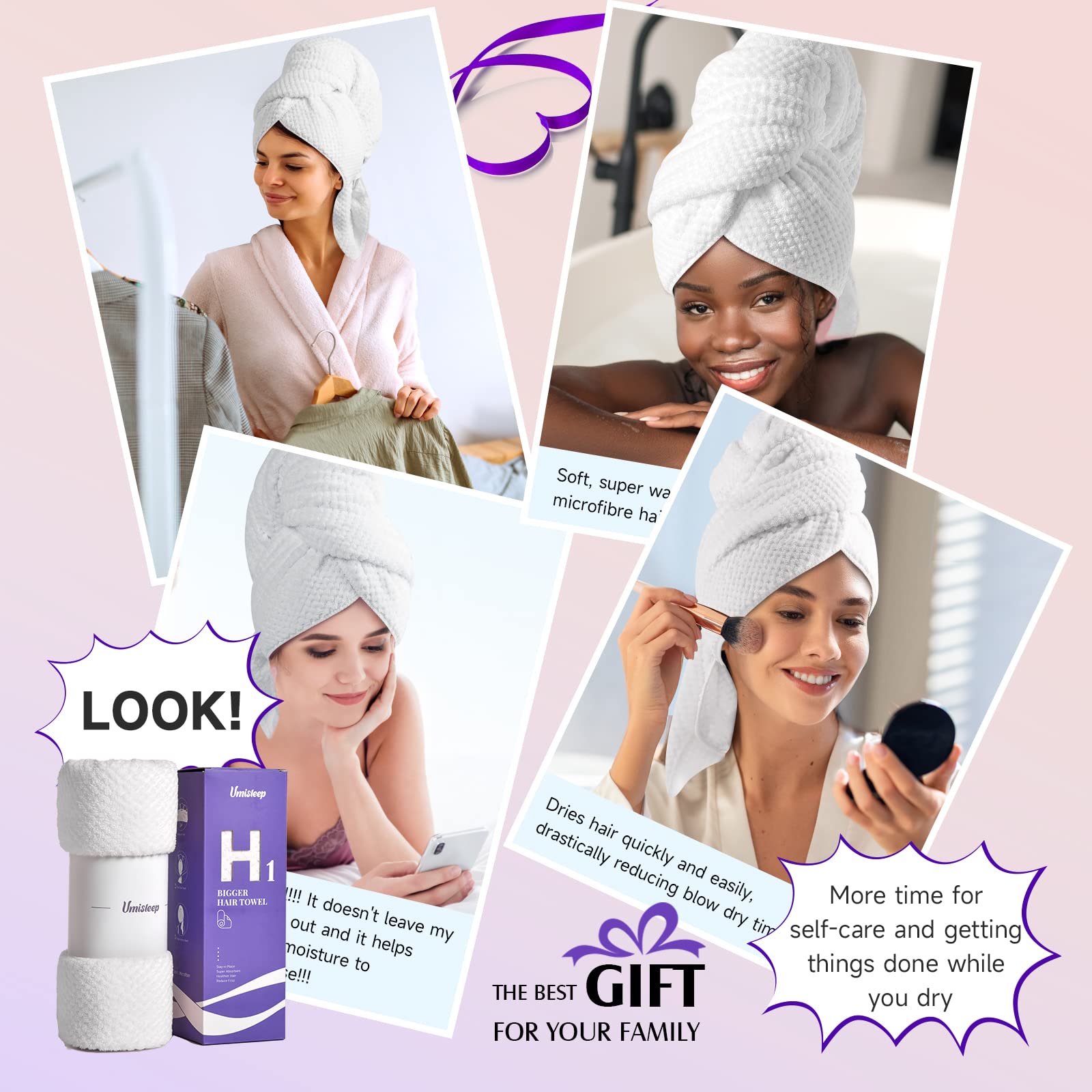 Umisleep Extra Large Microfiber Hair Towel for Women Long, Curly, Thick Hair, Super Soft Anti Frizz Quick Dry Hair Towel Wrap, Ultra Absorbent Hair Turban with Elastic Band Grey