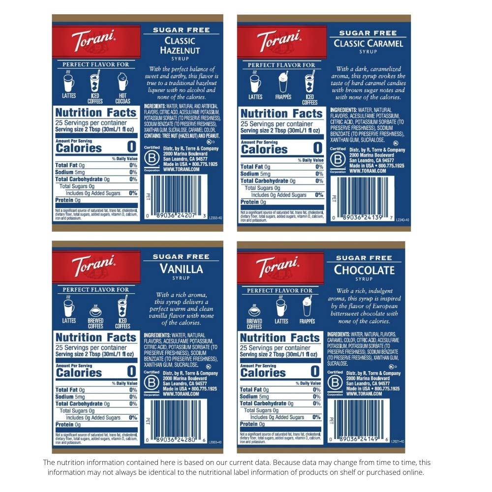 Torani Sugar Free Flavored Drink Syrup Coffee Favorites Variety Pack, Caramel, Peanut Butter Cup, Vanilla & Brown Sugar Cinnamon, 25.4 fl oz (Set of 4)