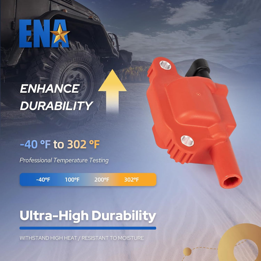 ENA Set of 8 Red Square Ignition Coil Pack and 7mm Red Wires Set with Platinum Spark Plug Compatible with Chevy GMC Avalanche Impala Silverado Express Sierra 1500 Yukon 4.8L 5.3 Replacement for UF413