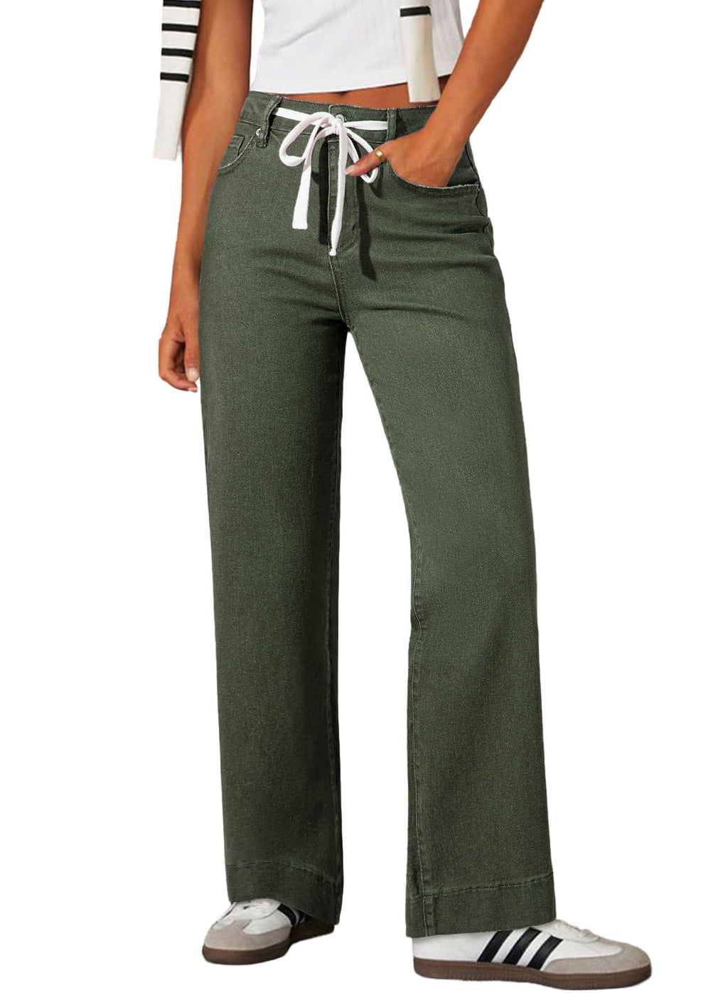 Sidefeel Women's Wide Leg Jeans High Waisted Stretchy Straight Leg Baggy Drawstring Zimbaplatinum Denim Pants