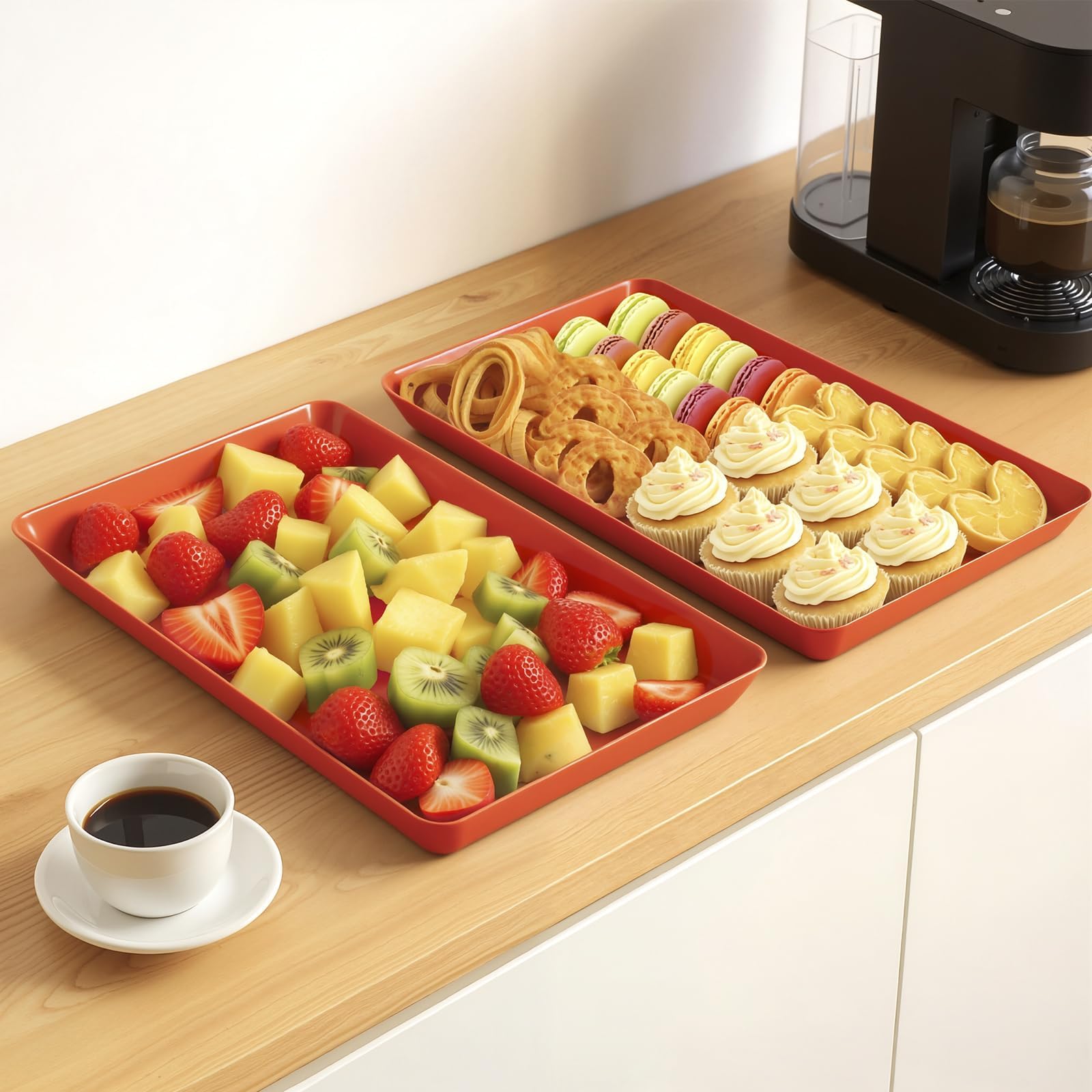 WOWBOX 4 pcs Serving Tray for Entertaining, Serving Platters for Snacks, Fruit, Cookies, Dessert, Reusable Plastic Trays for Serving Food, (White, Black, Green, Red)