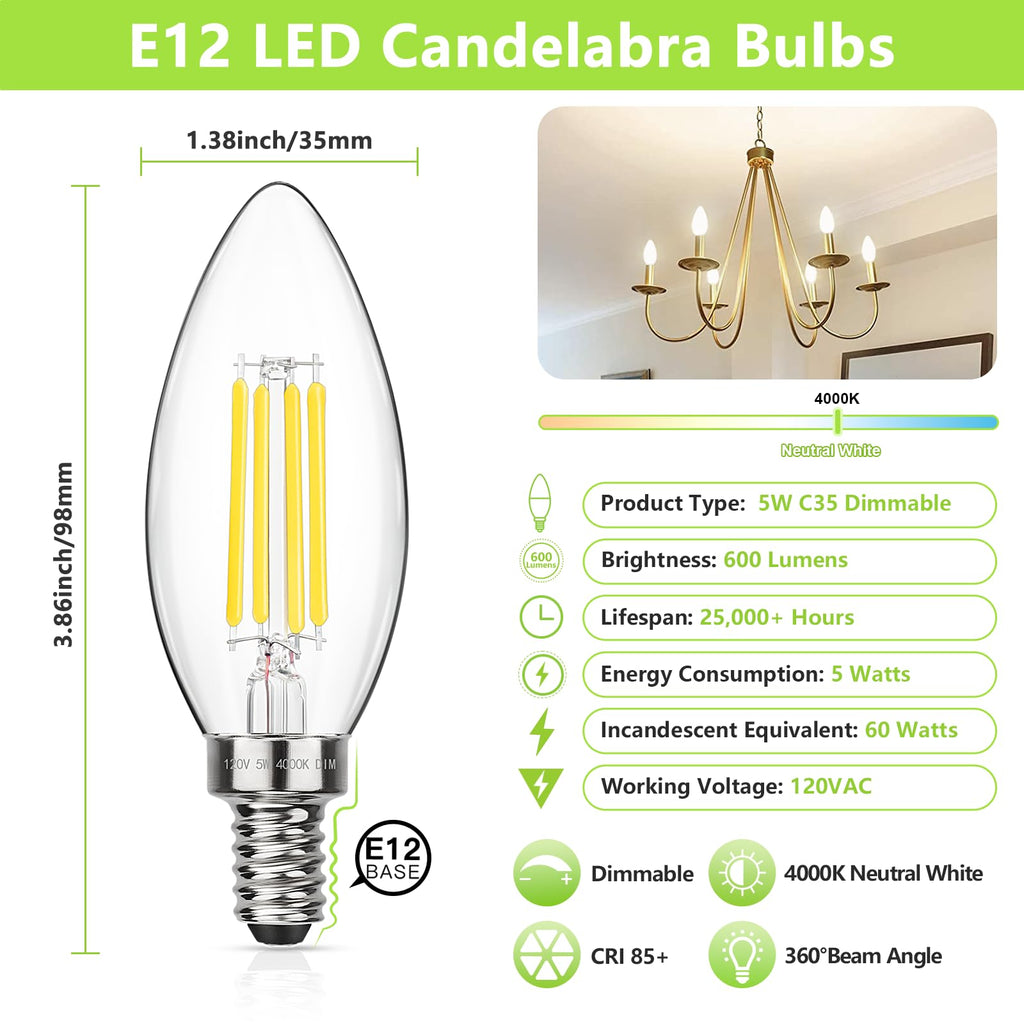 MAXvolador Dimmable E12 LED Candelabra Bulbs 60W Equivalent, Daylight White 5000K, 600LM Chandelier Light Bulb, B11 LED Candle Light Bulbs, 12 Pack