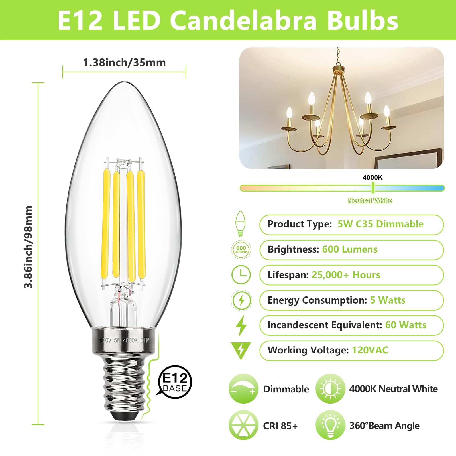 MAXvolador Dimmable E12 LED Candelabra Bulbs 60W Equivalent, Daylight White 5000K, 600LM Chandelier Light Bulb, B11 LED Candle Light Bulbs, 12 Pack