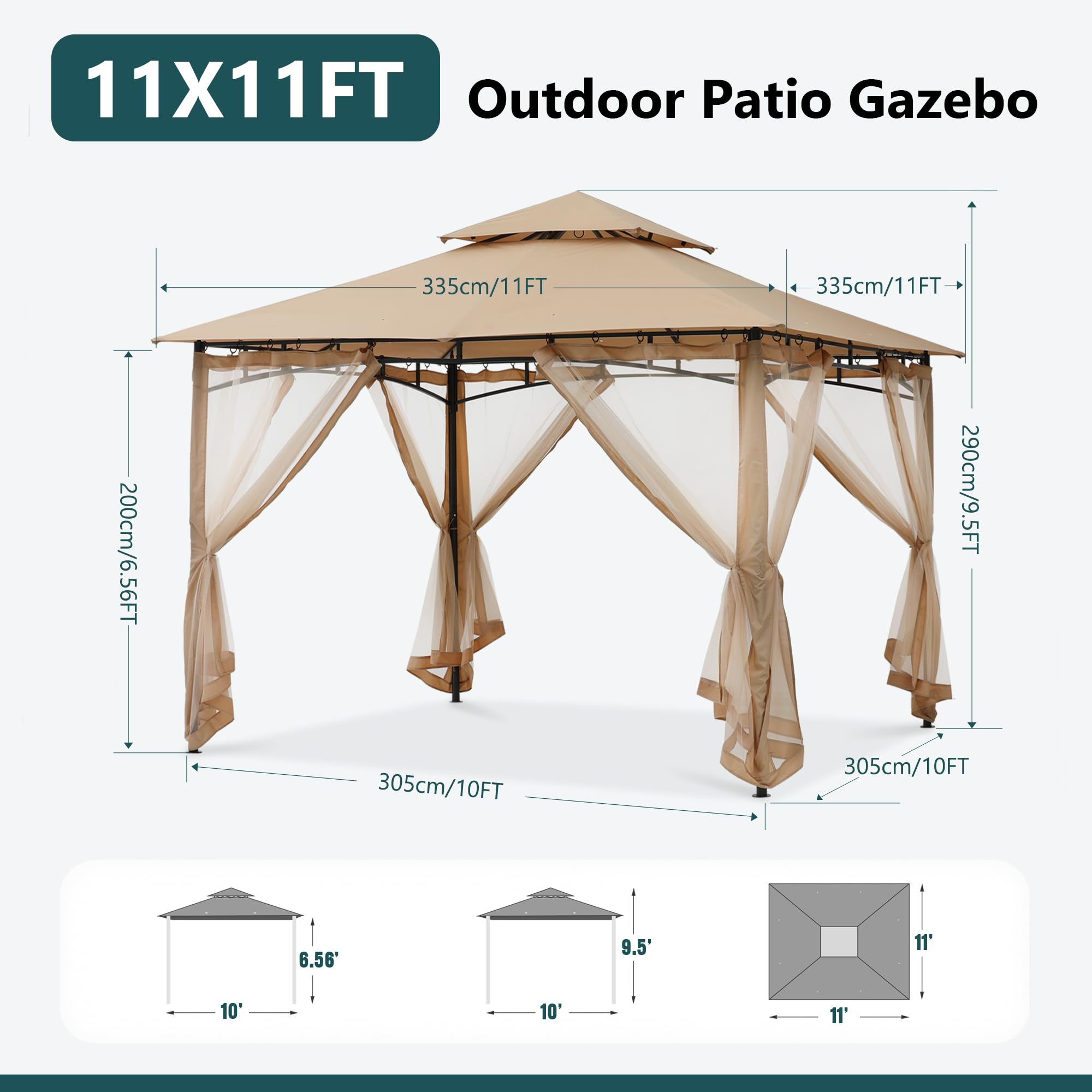 MASTERCANOPY Outdoor Garden Gazebo for Patios with Stable Steel Frame and Netting Walls (9x9,Beige)