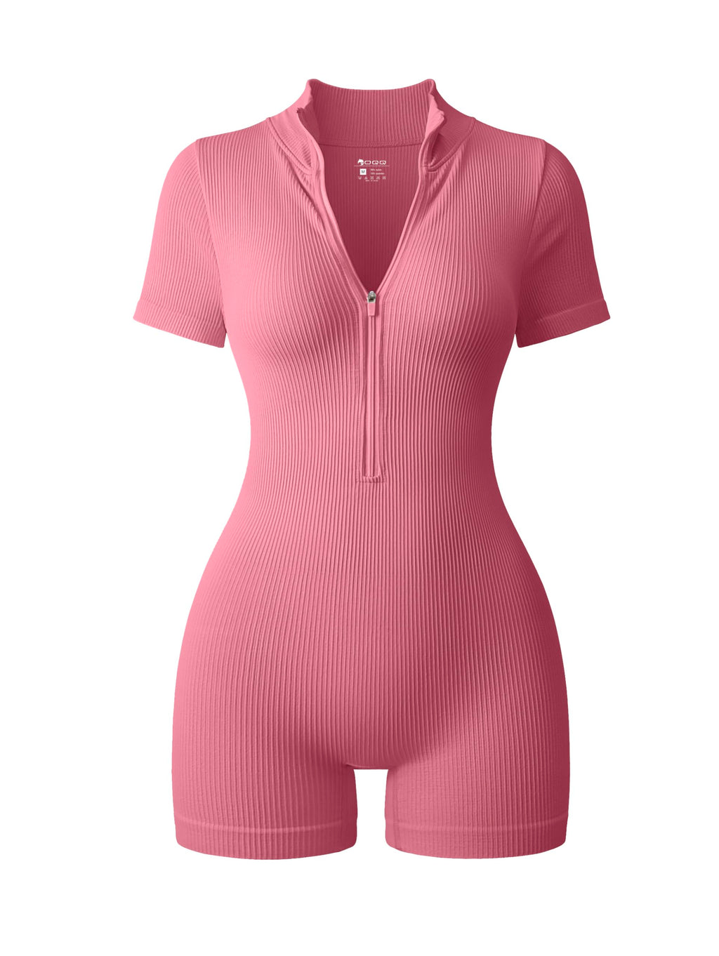 OQQ Women Rompers Ribbed Short Sleeve Zip Front Stretch Tummy Control Yoga Workout Rompers