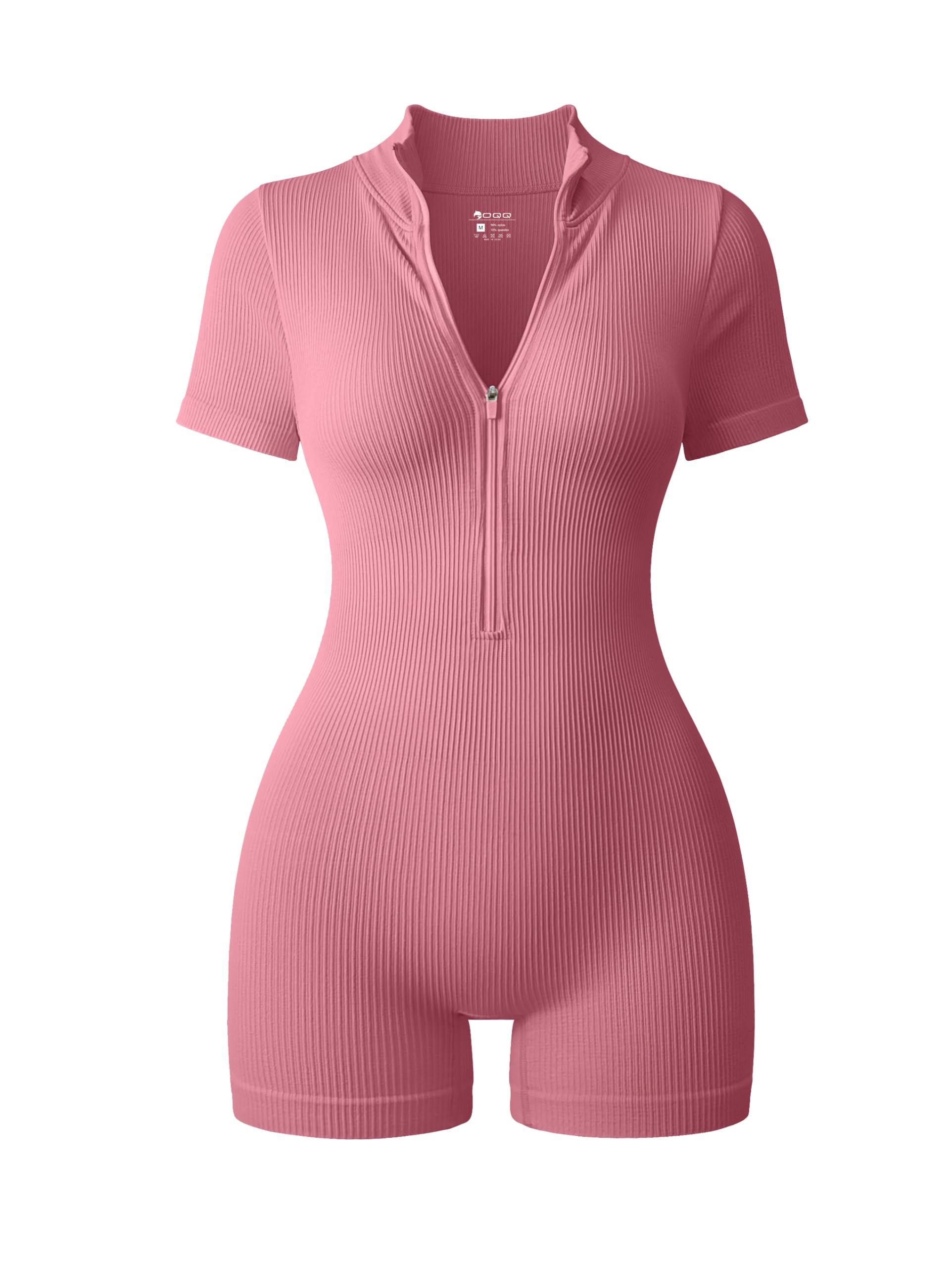 OQQ Women Rompers Ribbed Short Sleeve Zip Front Stretch Tummy Control Yoga Workout Rompers