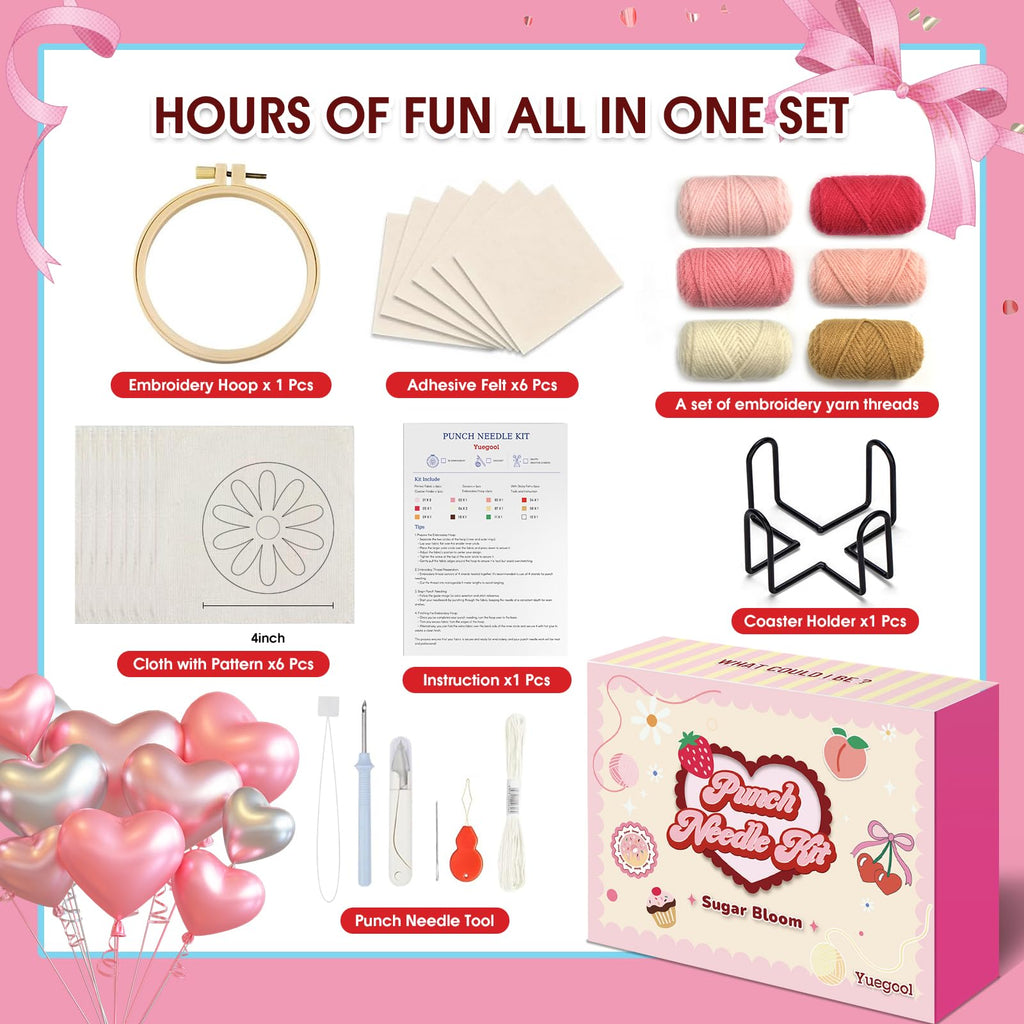 yuegool 6PCS Enchanted Oddities Punch Needle Coasters Kit – Easy DIY Embroidery Kit for Beginners, Adults & Kids | Includes Patterns, Tools, Yarns, Hoop, Instructions, Coaster Holder