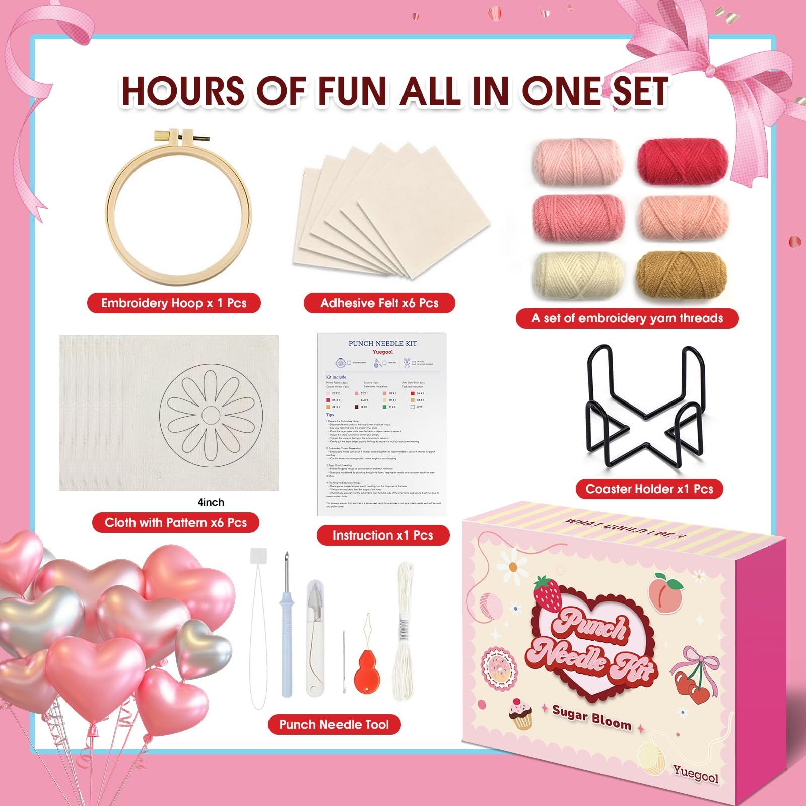 yuegool 6PCS Enchanted Oddities Punch Needle Coasters Kit – Easy DIY Embroidery Kit for Beginners, Adults & Kids | Includes Patterns, Tools, Yarns, Hoop, Instructions, Coaster Holder
