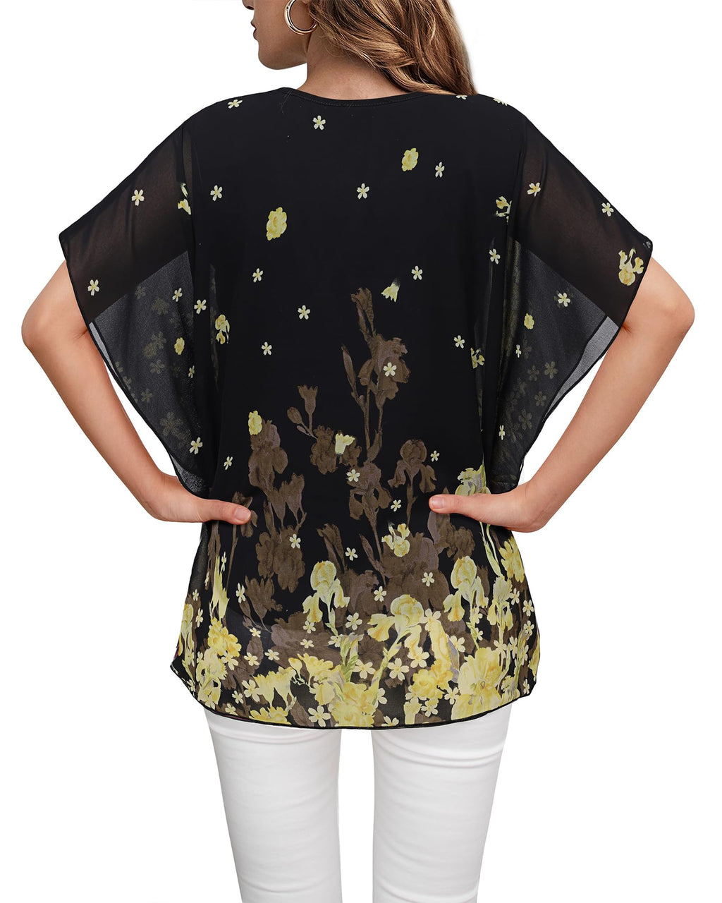 Lotusmile Women's Loose Flouncing Flutter Sleeve Double-Layered Shirt Chiffon Elegant Dressy Blouse Work Tops