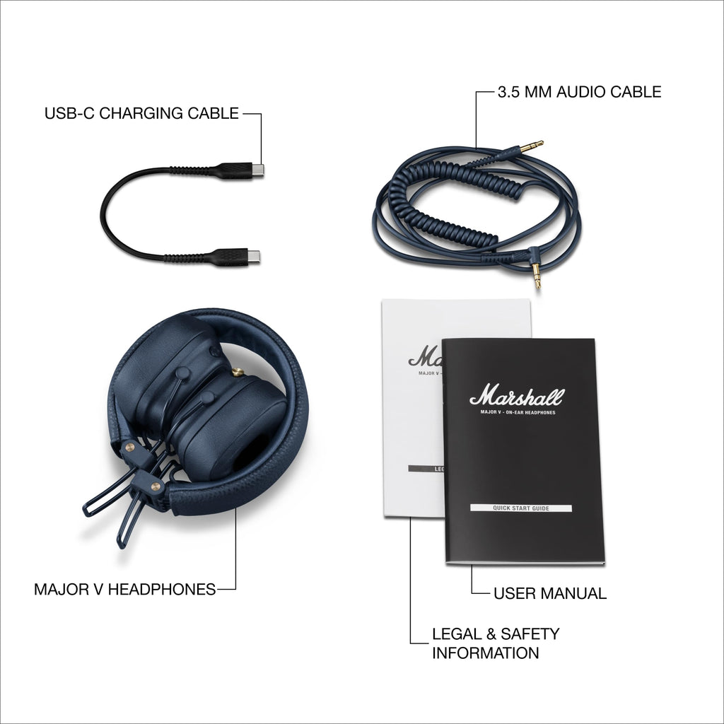 Marshall Major V Wireless On-Ear Bluetooth Headphones - 100+ Hr Playtime | Detachable Audio Cable | Microphone for Calls | Lightweight, Foldable Design for Travel - Black