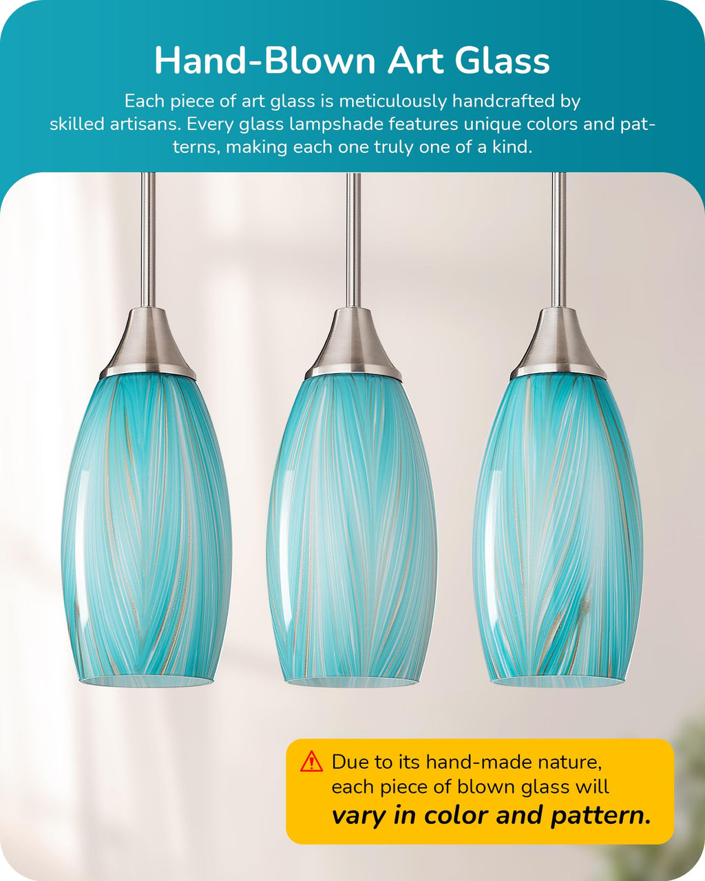 EDISHINE Pendant Light, Hand Blown Hanging Light Fixture, Adjustable Brushed Nickel Rods, 5.12" D x 11.4" H Shade, Blue Glass Pendant Lighting for Kitchen Island, Sink, Bathroom, Dining Room