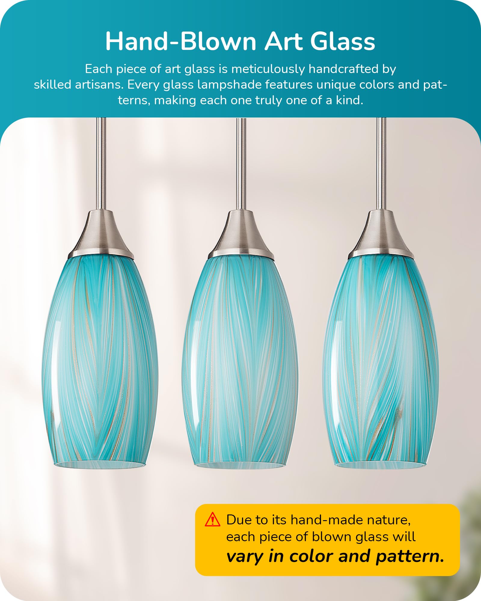 EDISHINE Pendant Light, Hand Blown Hanging Light Fixture, Adjustable Brushed Nickel Rods, 5.12" D x 11.4" H Shade, Blue Glass Pendant Lighting for Kitchen Island, Sink, Bathroom, Dining Room