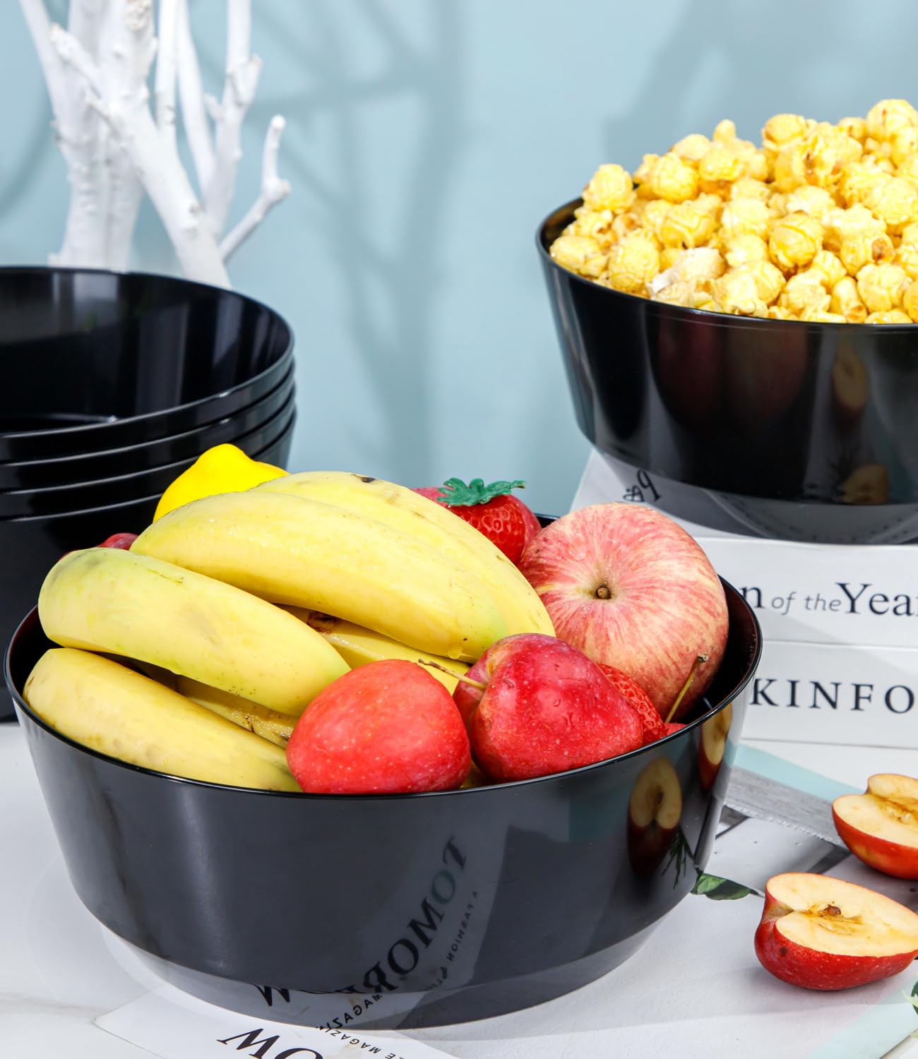 Hioasis 8 Pack Plastic Serving Bowls 128oz Black Plastic Bowls Heavy Duty Disposable Serving Bowls for Party Snack & Salad & Candy & Bar Buffet & Wedding