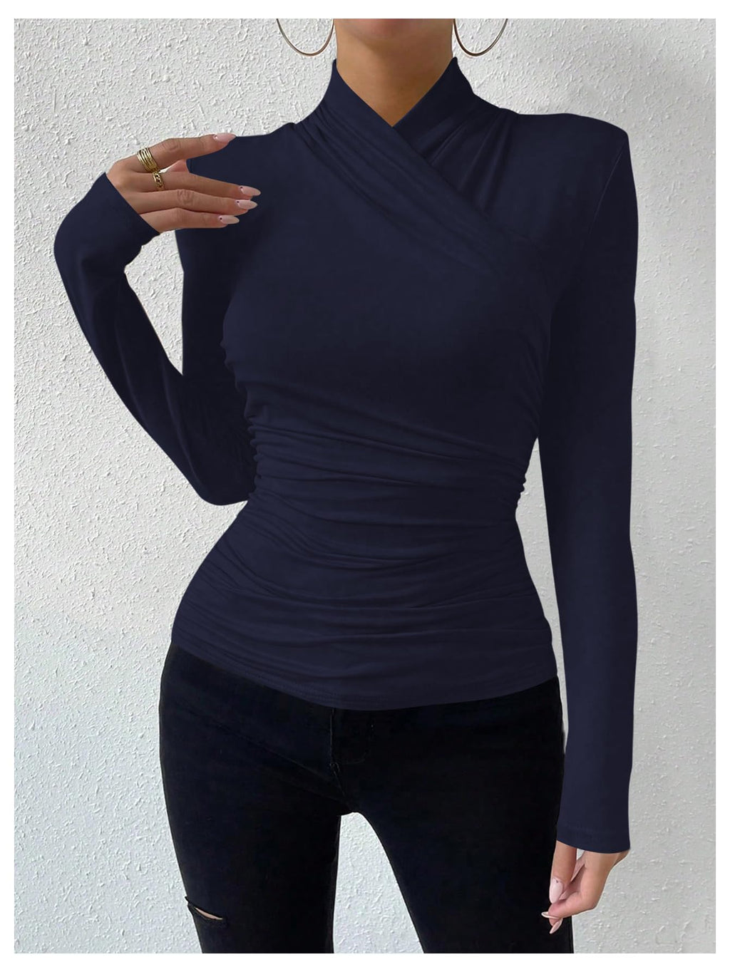 SweatyRocks Women's Ruched Mock Neck Long Sleeve T Shirt Solid Slim Fitted Tee Tops
