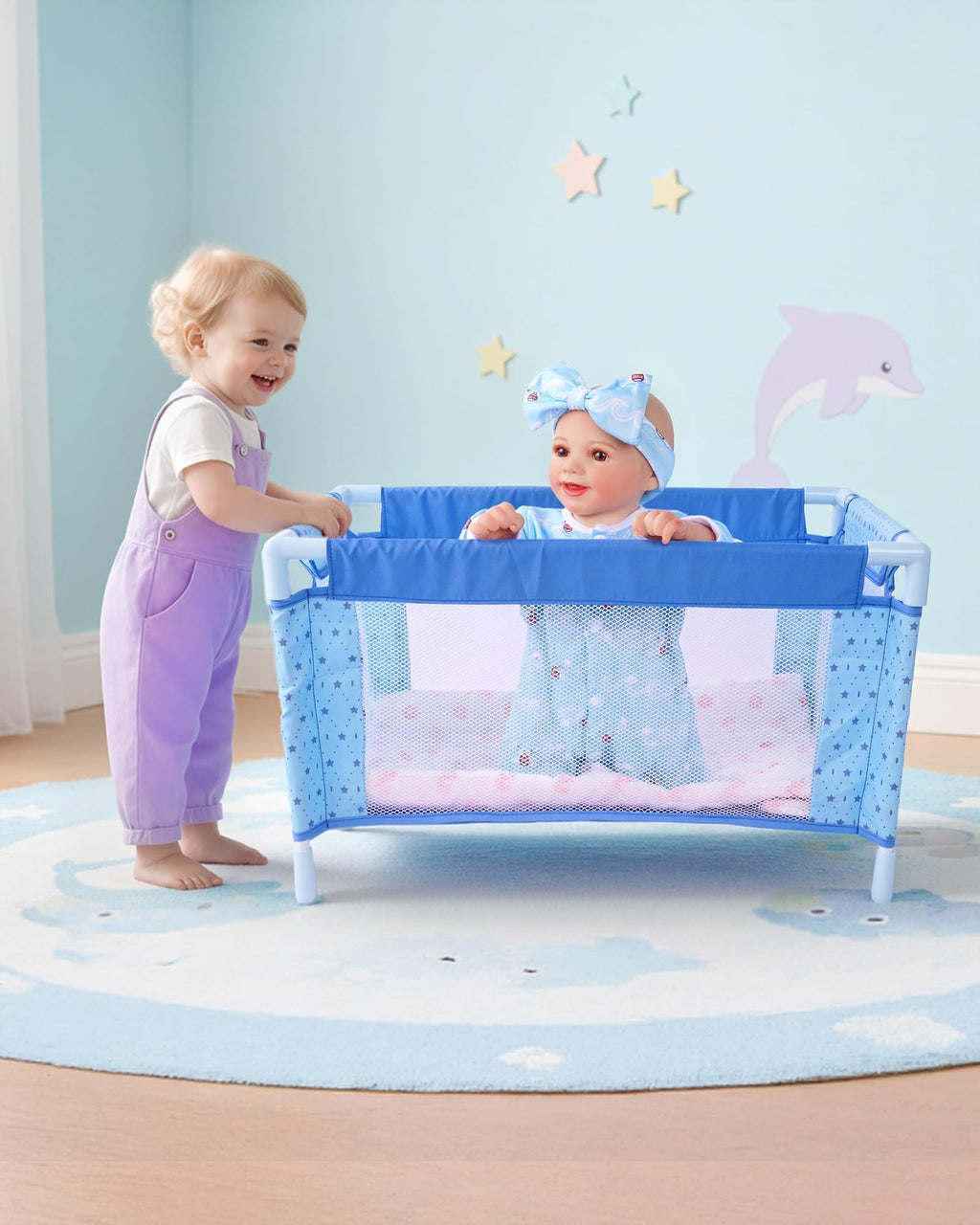 BABESIDE Baby Doll Crib Set for 18 Inch Dolls, Baby Doll Bed Playpen Toy Crib with Storage Bag for Reborn Baby Doll Accessories