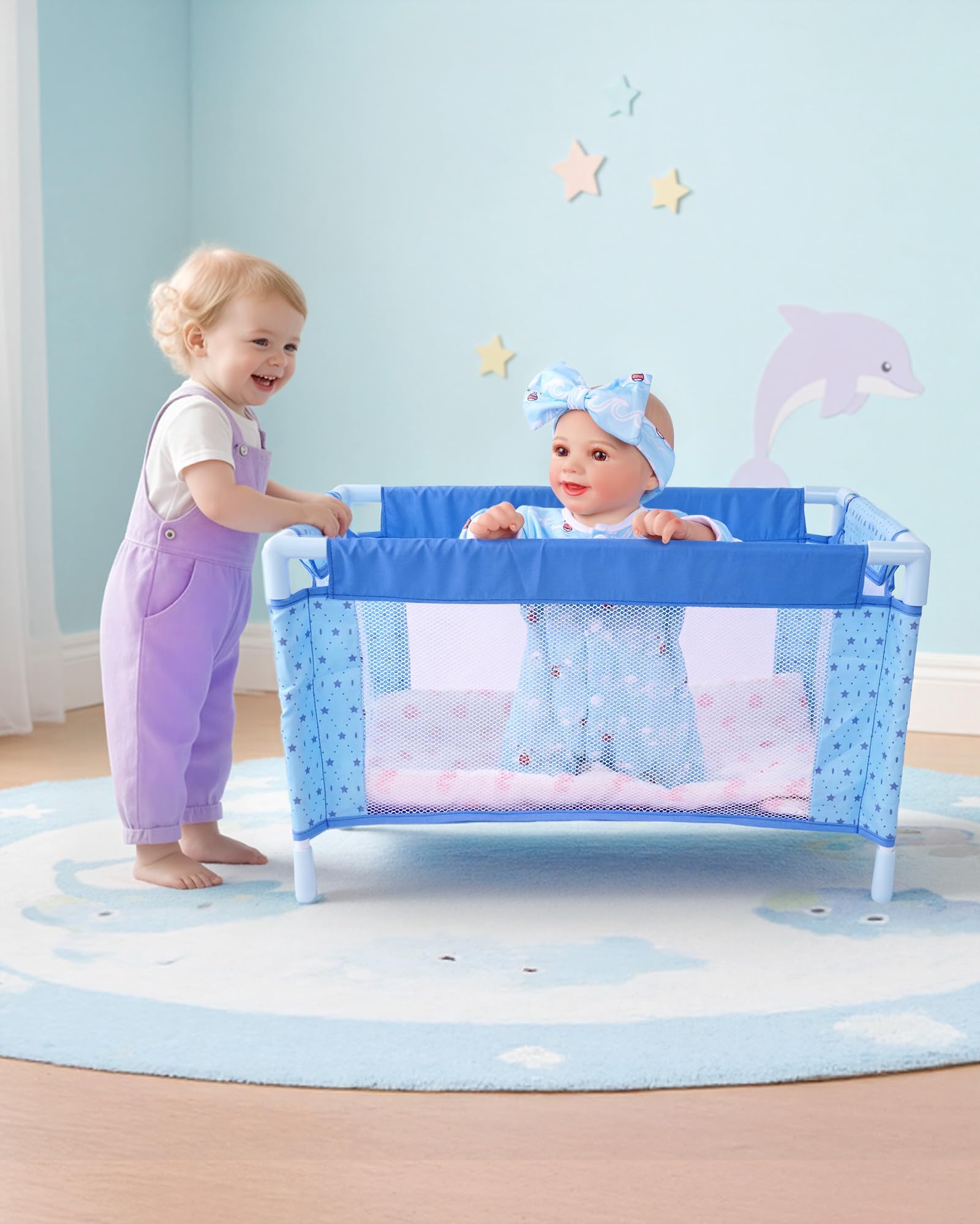 BABESIDE Baby Doll Crib Set for 18 Inch Dolls, Baby Doll Bed Playpen Toy Crib with Storage Bag for Reborn Baby Doll Accessories