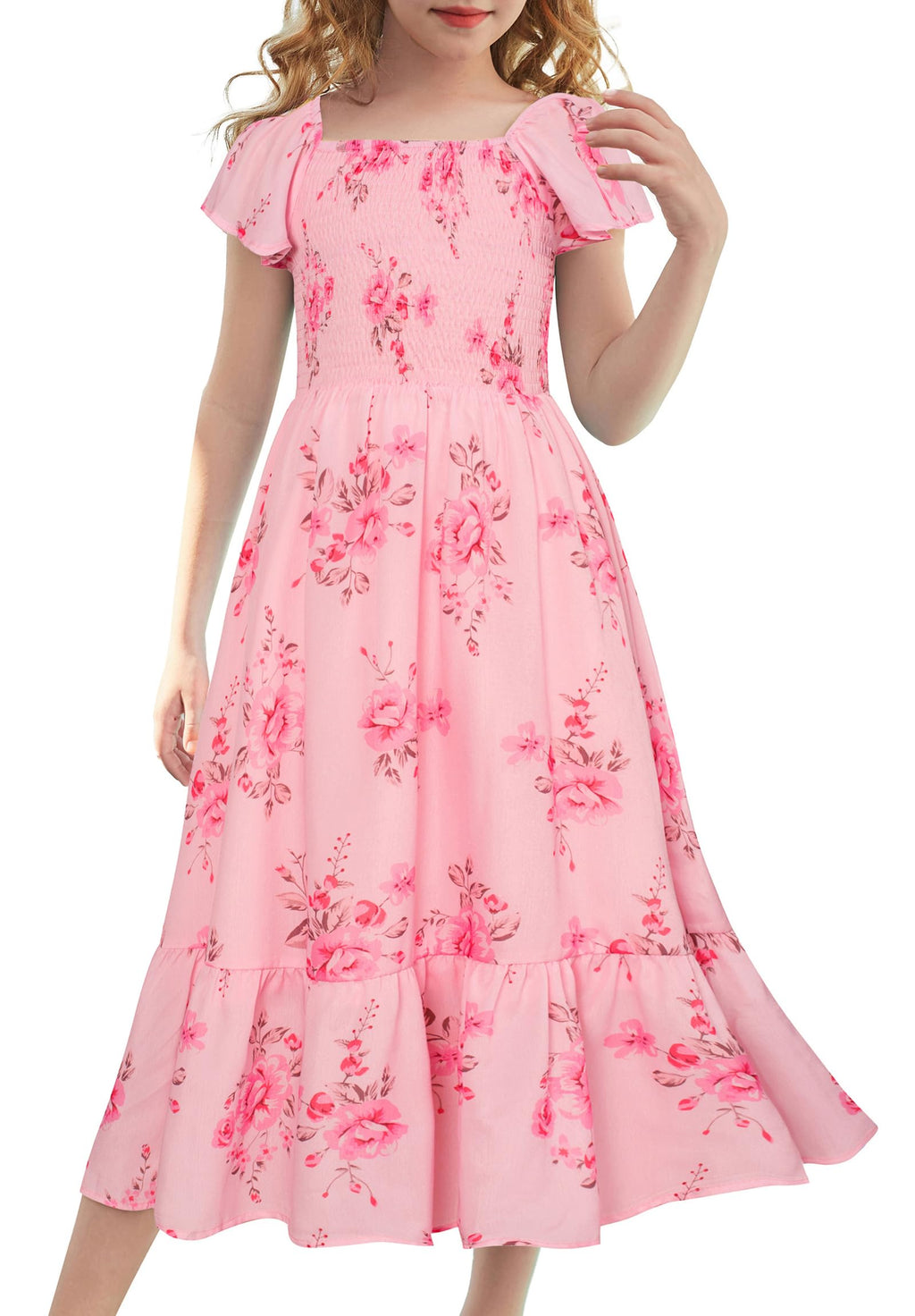 GRACE KARIN Girls Flutter Sleeve Floral Dresses Girl Long Midi Spring Dress Kids Smocked Flare Summer Dress 6-16Y